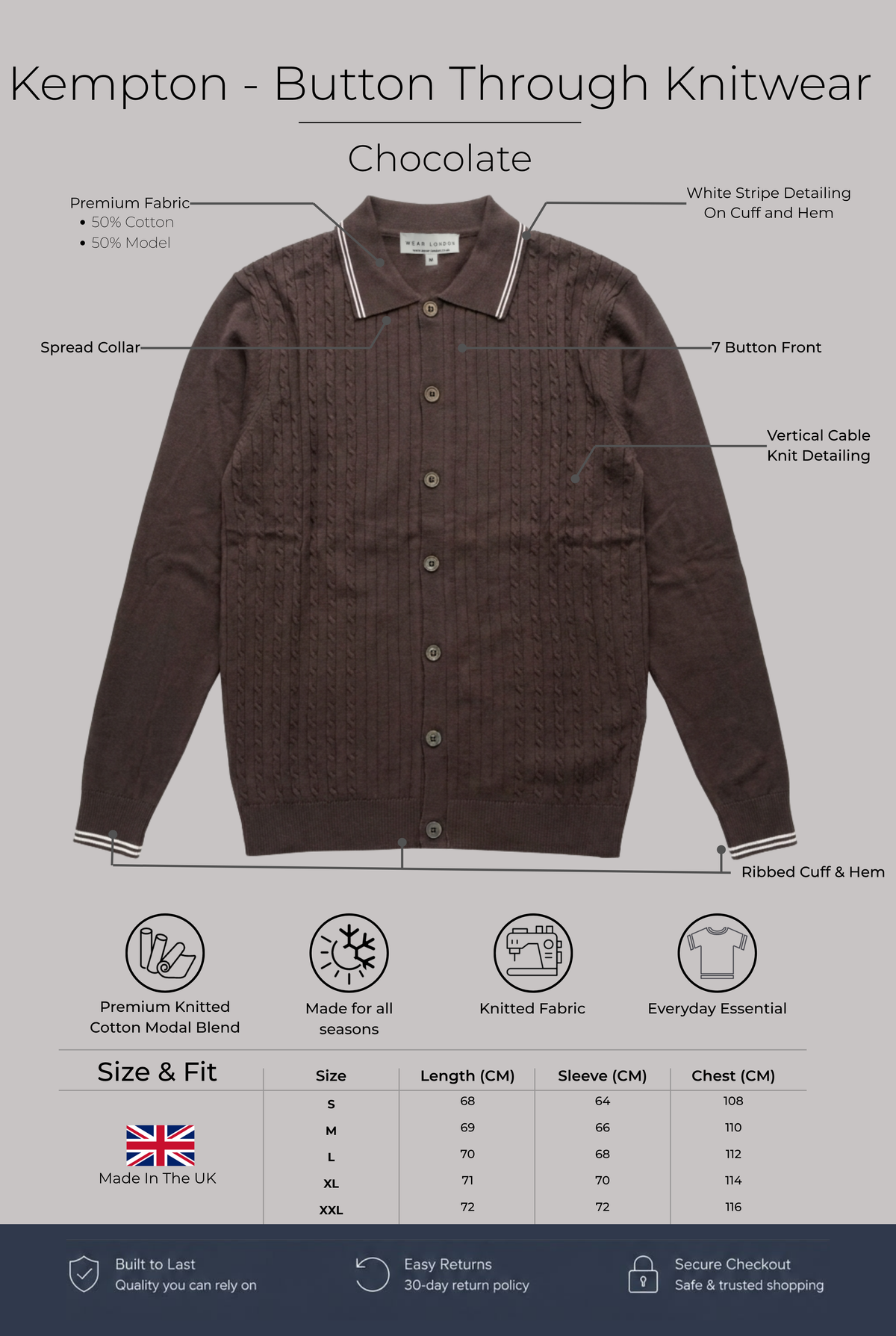 Kempton - Button Through Knitwear - Chocolate - Wear London