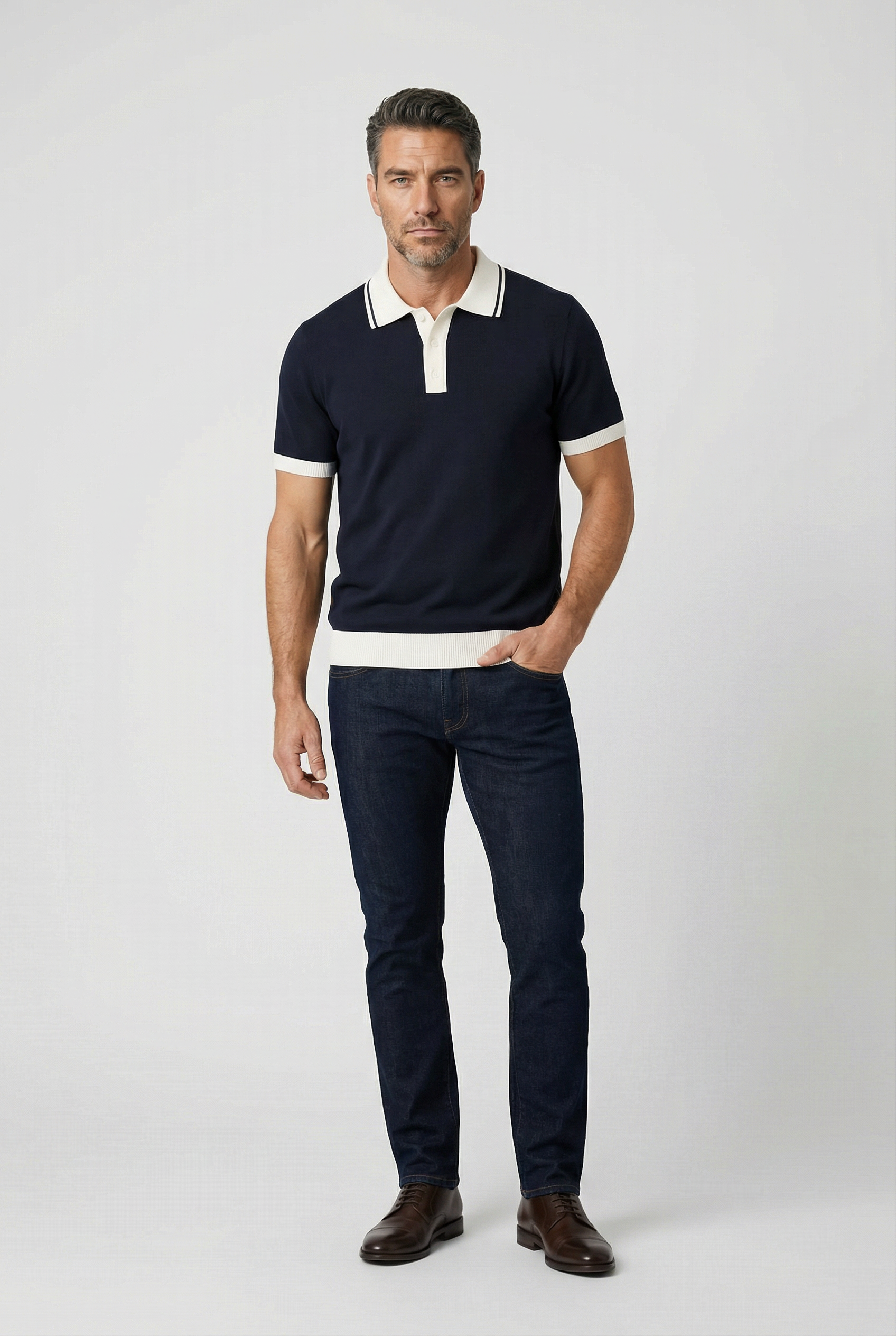 Camden - Plain Polo Knitwear - Navy Ecru - Wear London