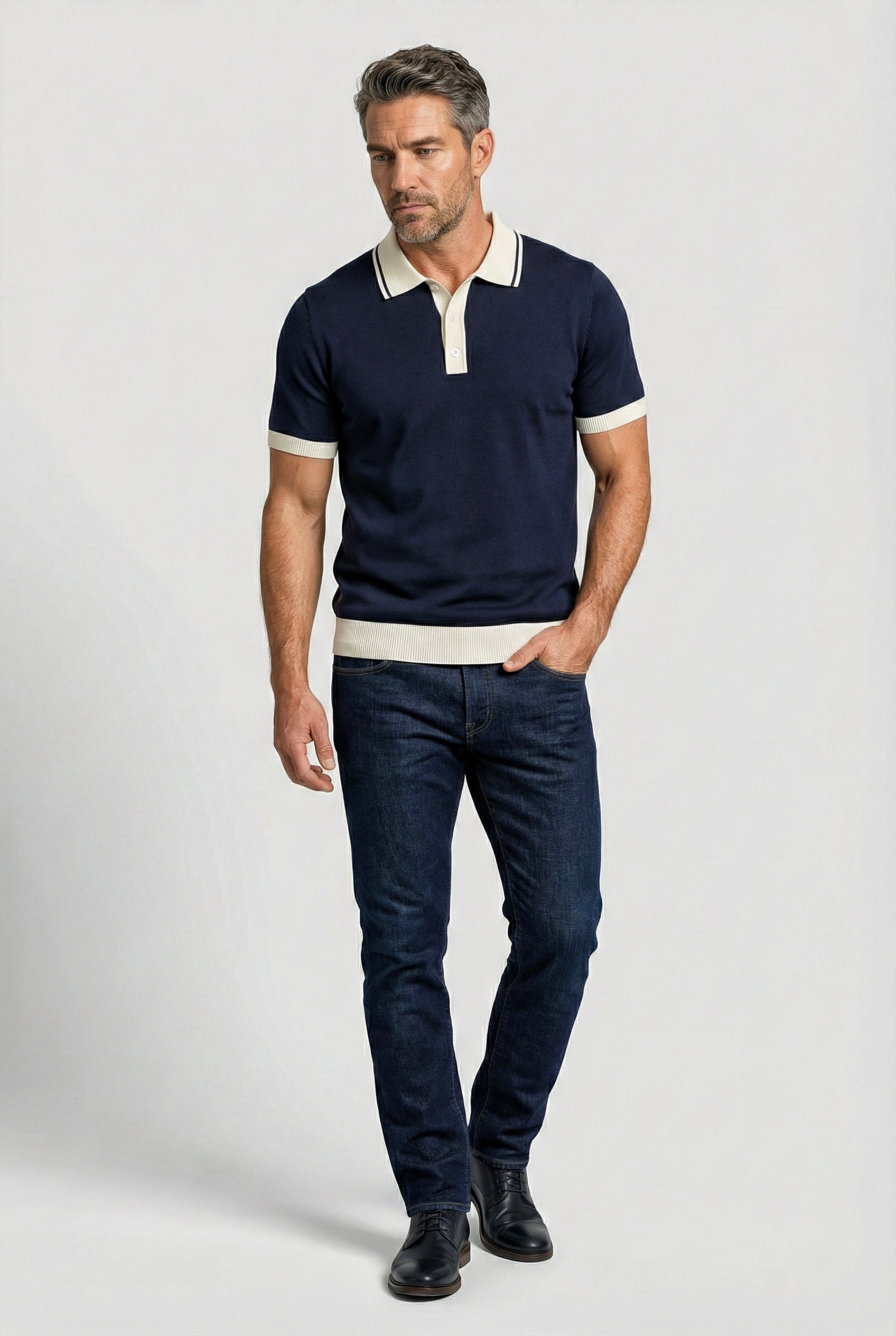 Camden - Plain Polo Knitwear - Navy Ecru - Wear London