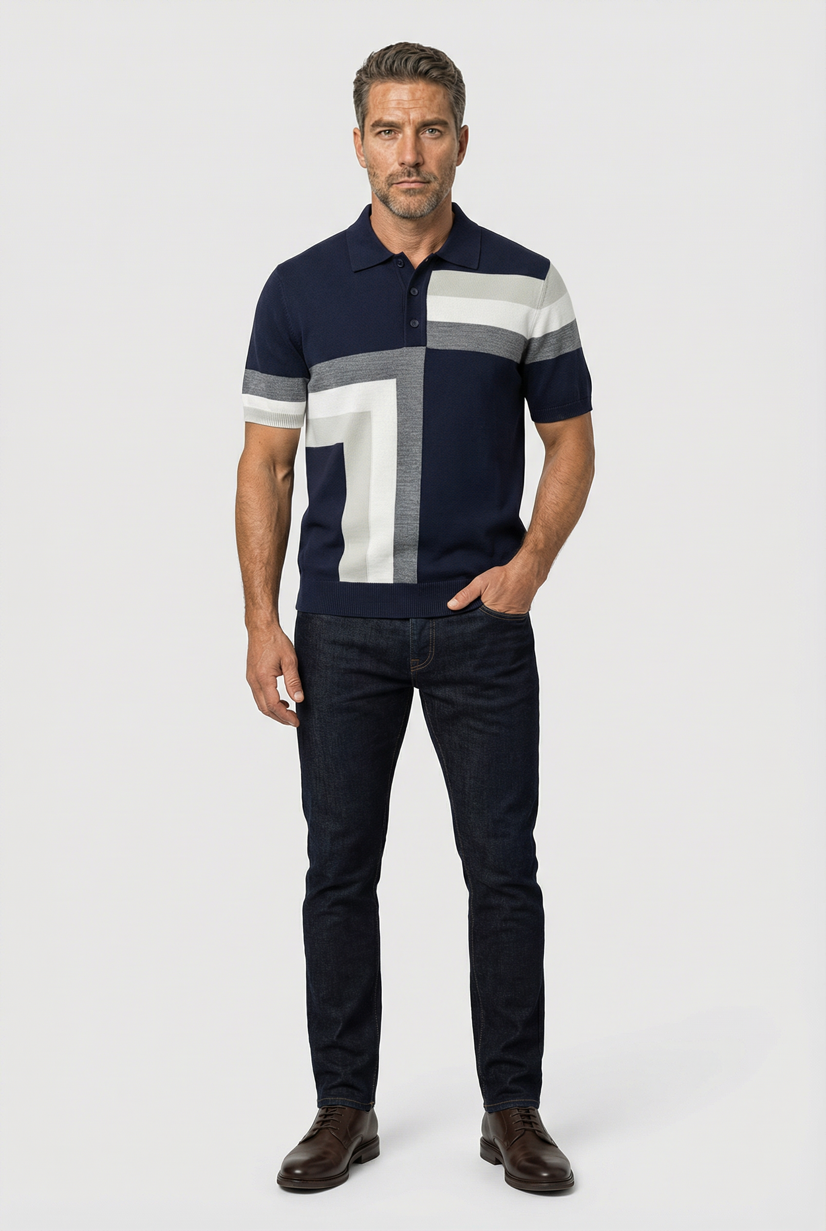 Hampstead - 3 Button Polo - Navy ecru grey - Wear London