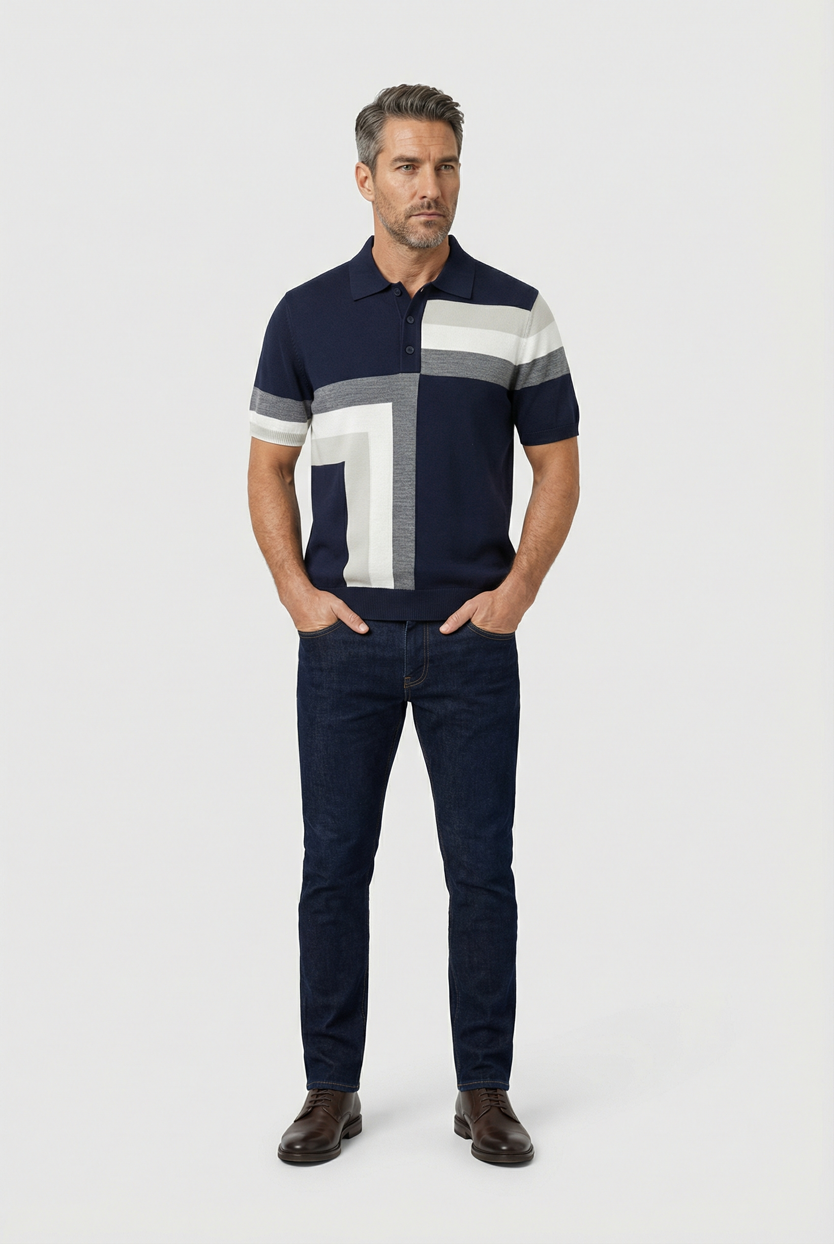 Hampstead - 3 Button Polo - Navy ecru grey - Wear London