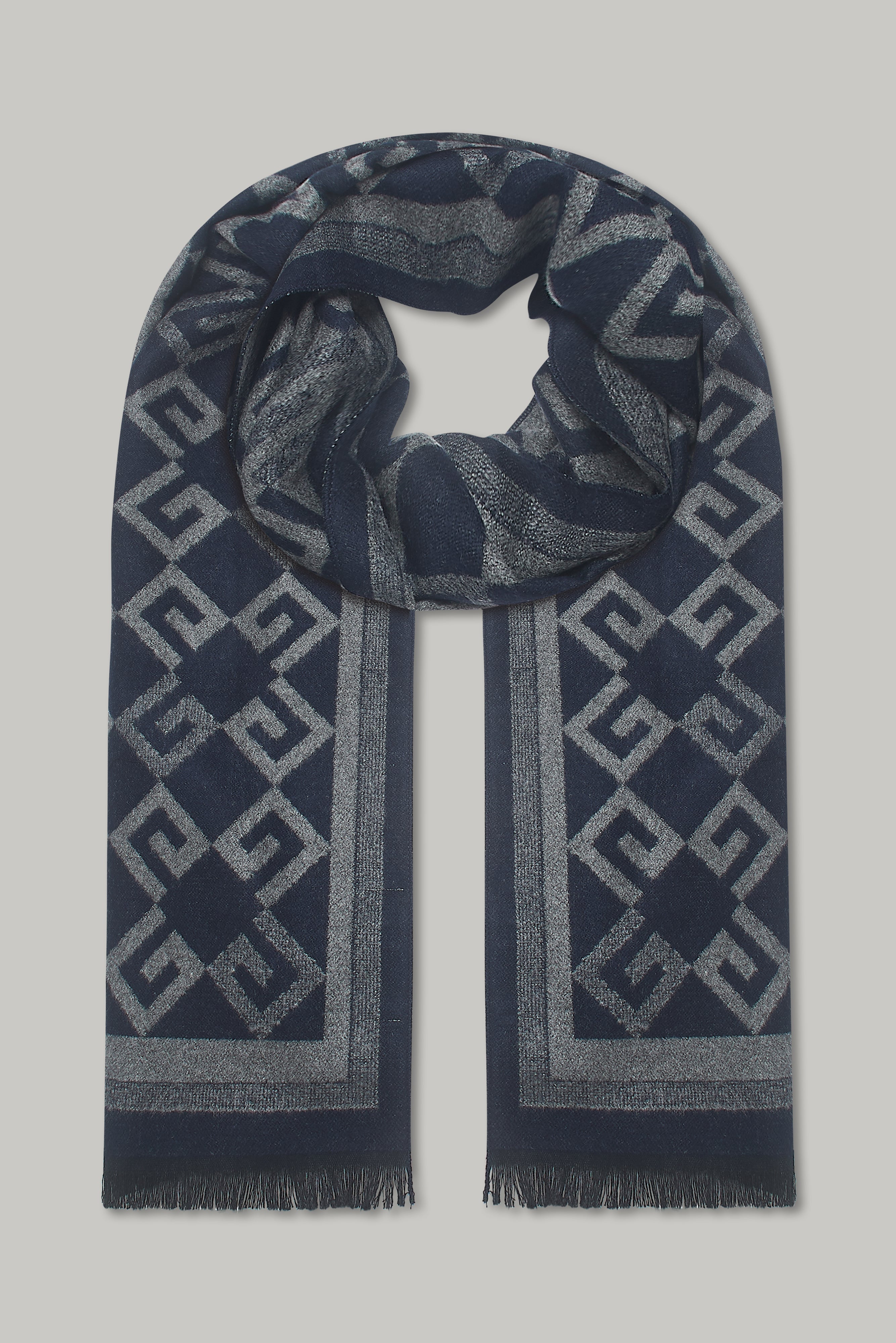 Scarf - Geo Stripe Border Navy Ecru - Wear London