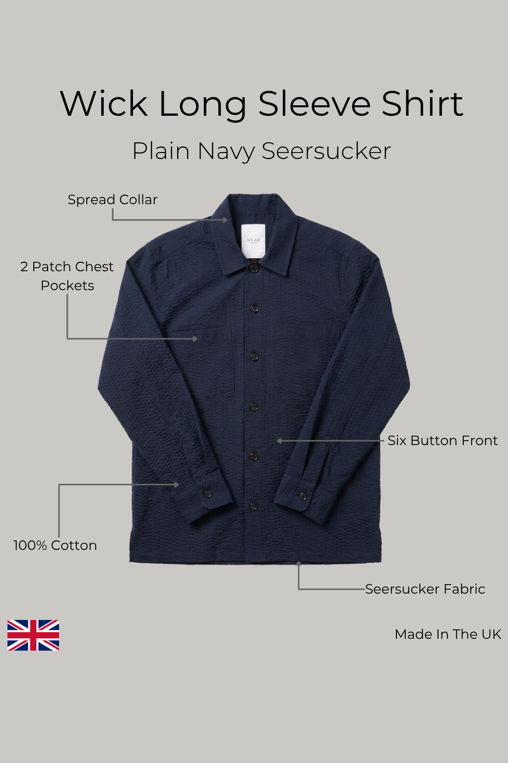 Wick Long Sleeve Shirt - Plain Navy Seersucker - Wear London