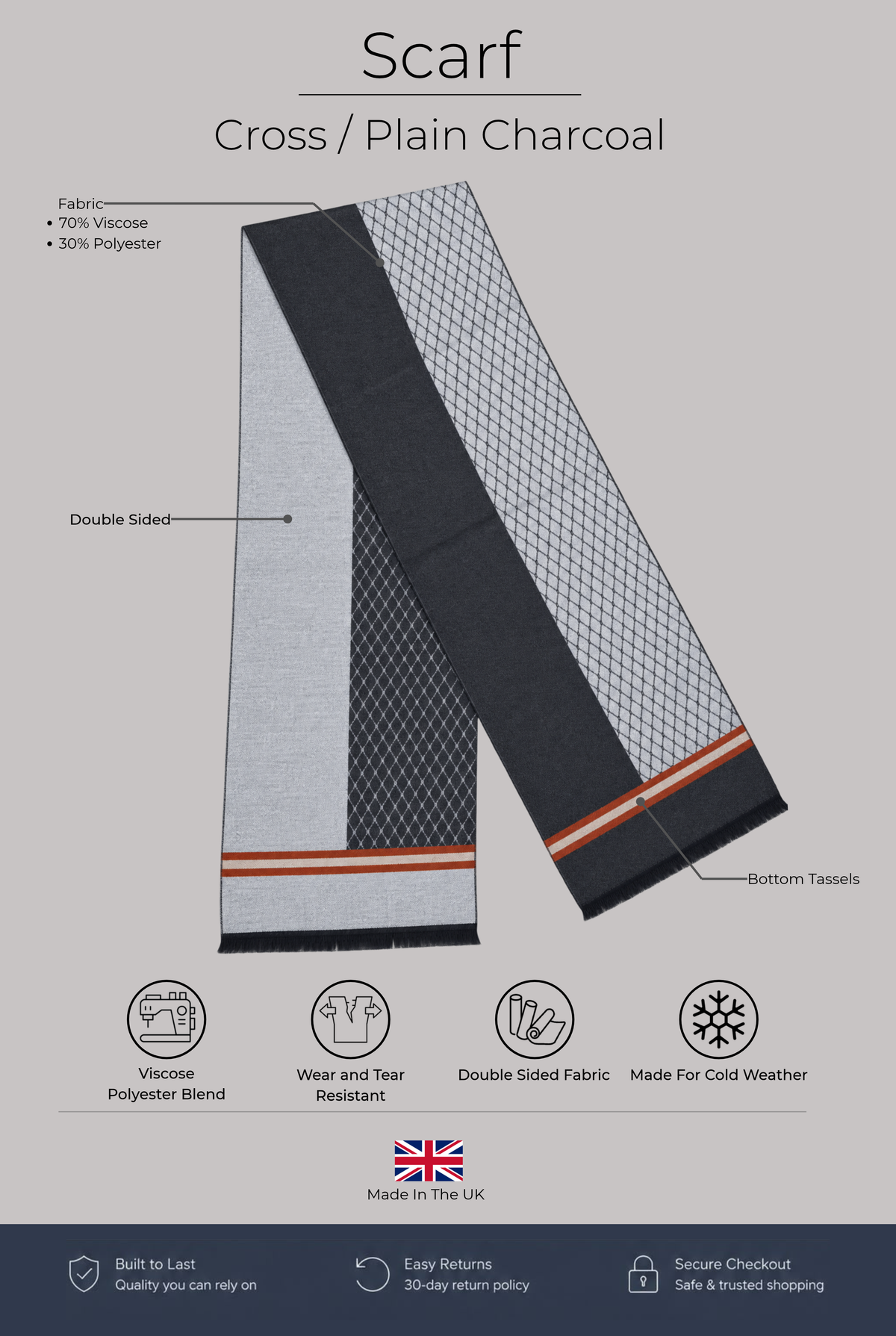 Scarf - Cross / Plain Charcoal - Wear London