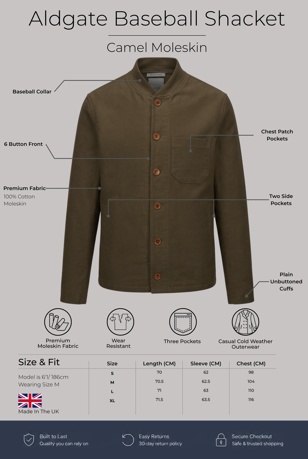 Aldgate Baseball Shacket - Camel Moleskin - Wear London