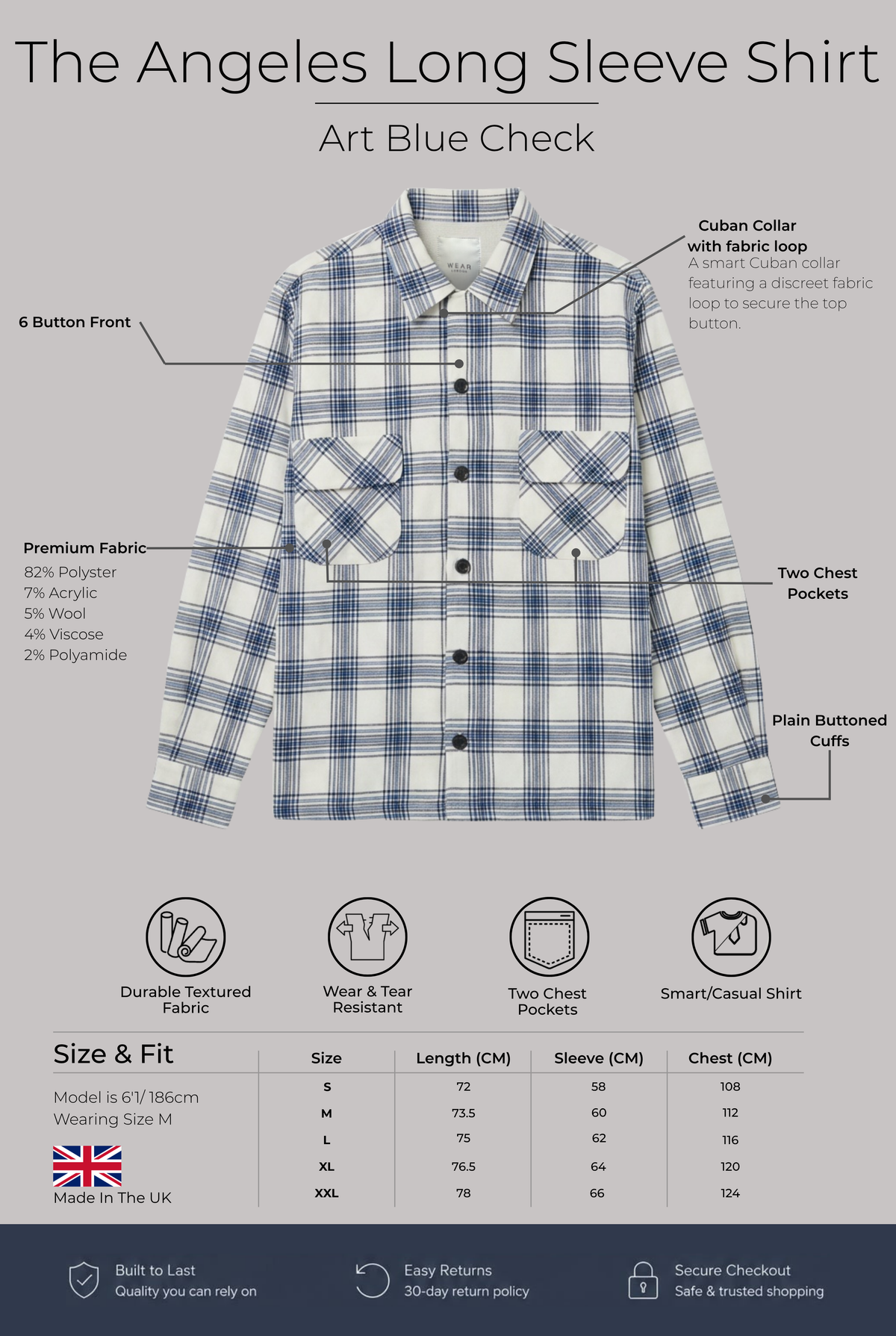 Angeles Long Sleeve Shirt - Art Blue Check - Wear London