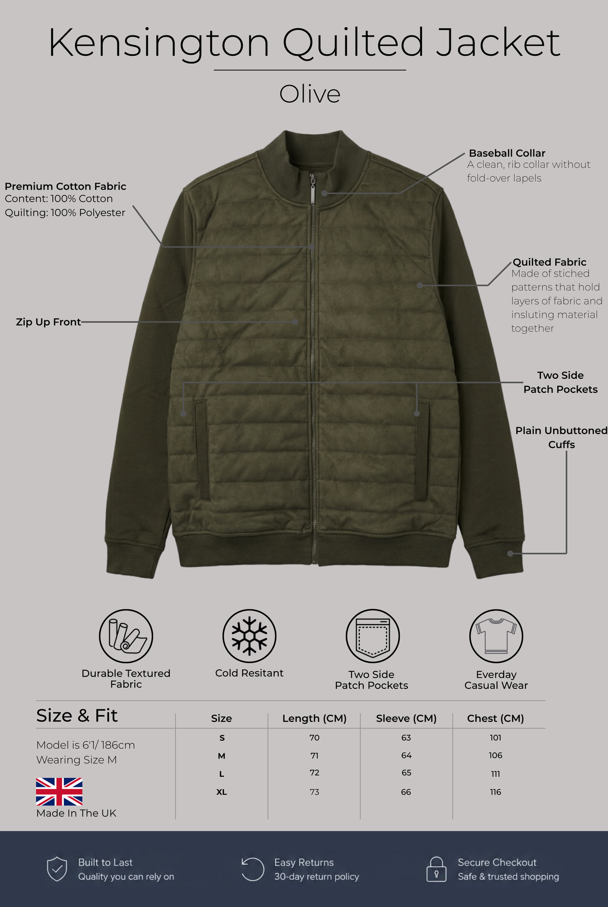 Kensington Quilted Jacket - Olive - Wear London