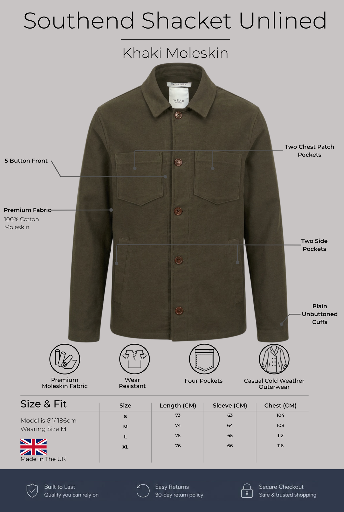 Southend Shacket Unlined - Khaki Moleskin - Wear London
