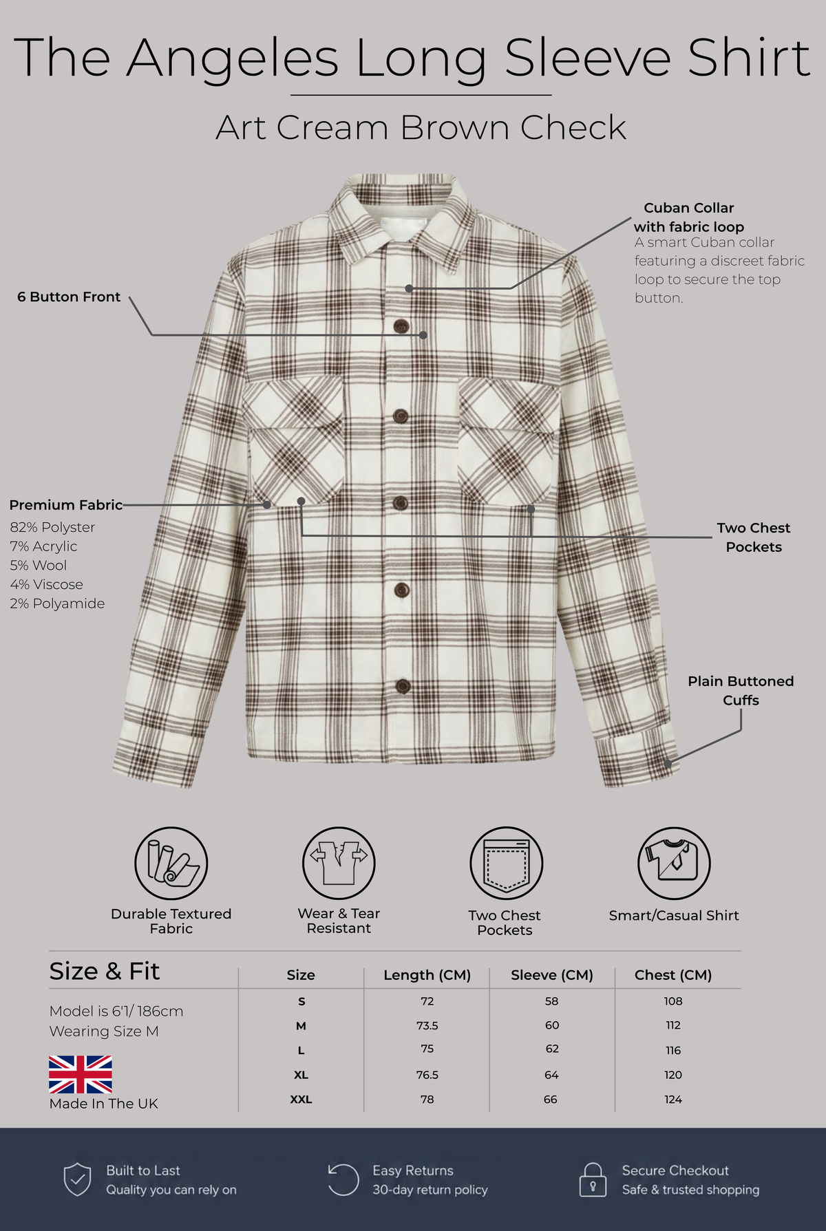 Angeles Long Sleeve Shirt - Art Cream Brown Check - Wear London