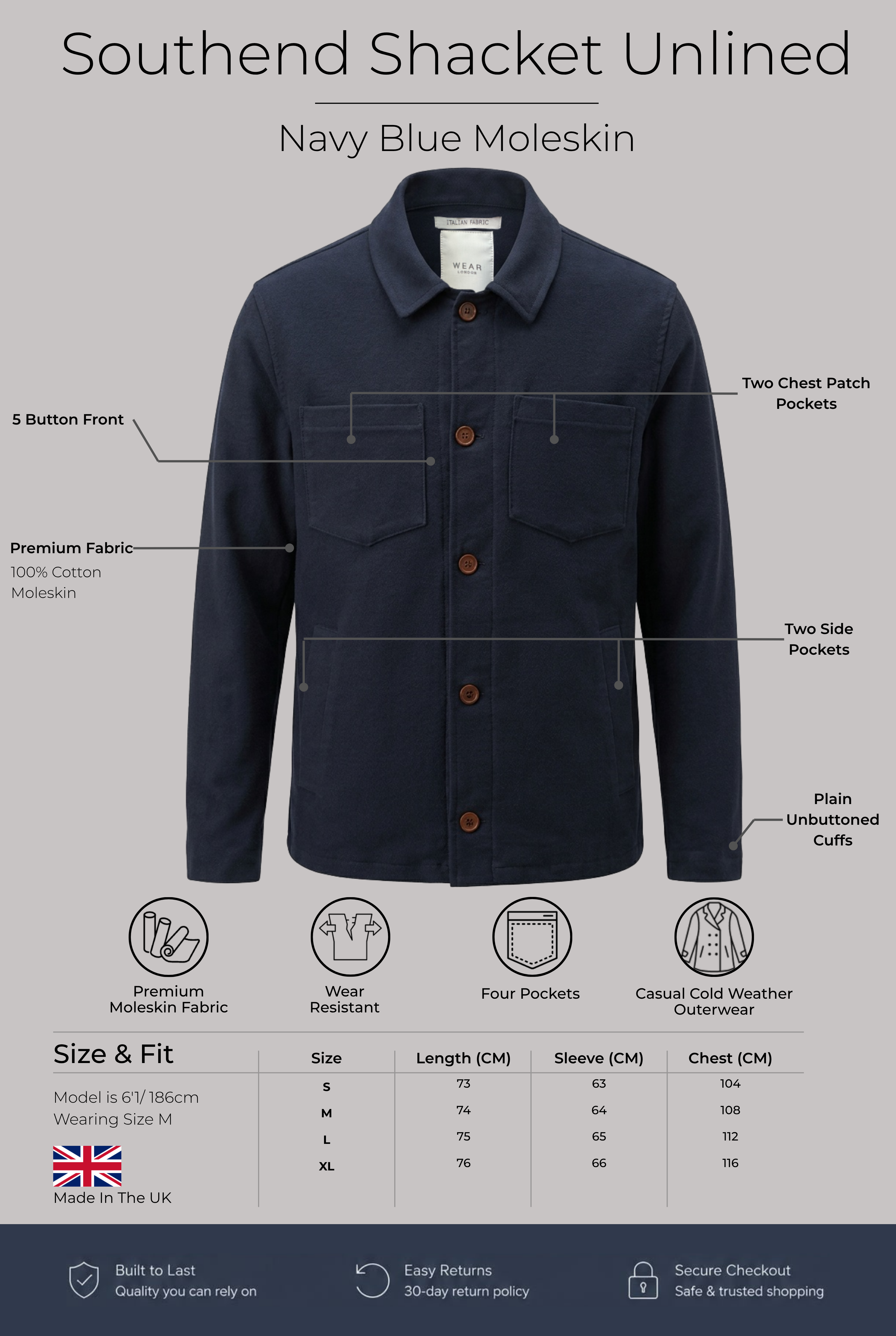 Southend Shacket Unlined - Navy Moleskin - Wear London