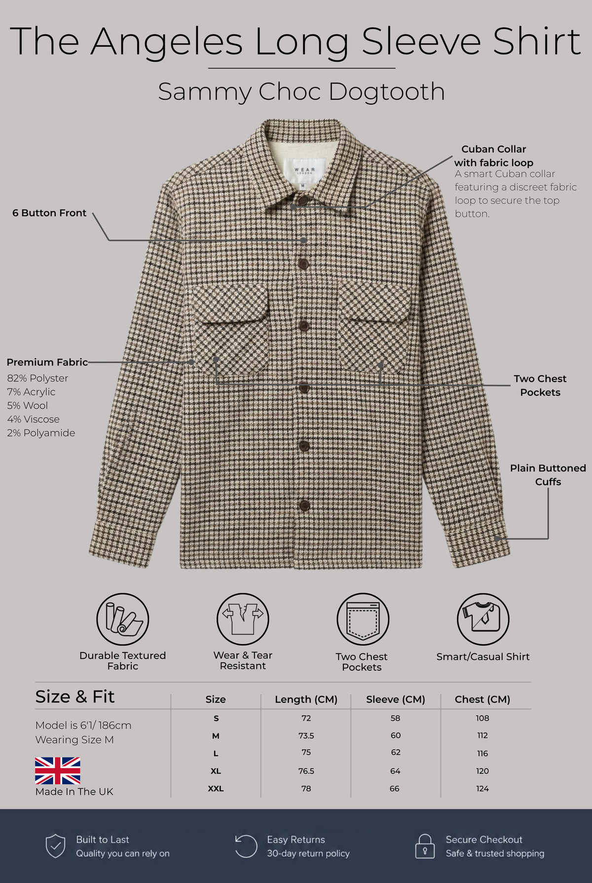 Angeles Long Sleeve Shirt - Sammy Choc Dogtooth - Wear London