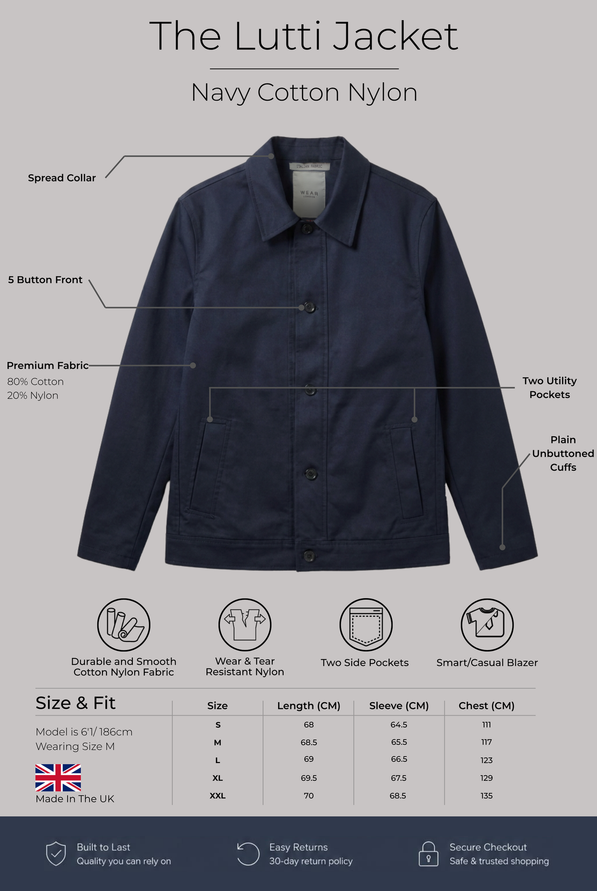 The Lutti Jacket - Navy Cotton Nylon - Wear London