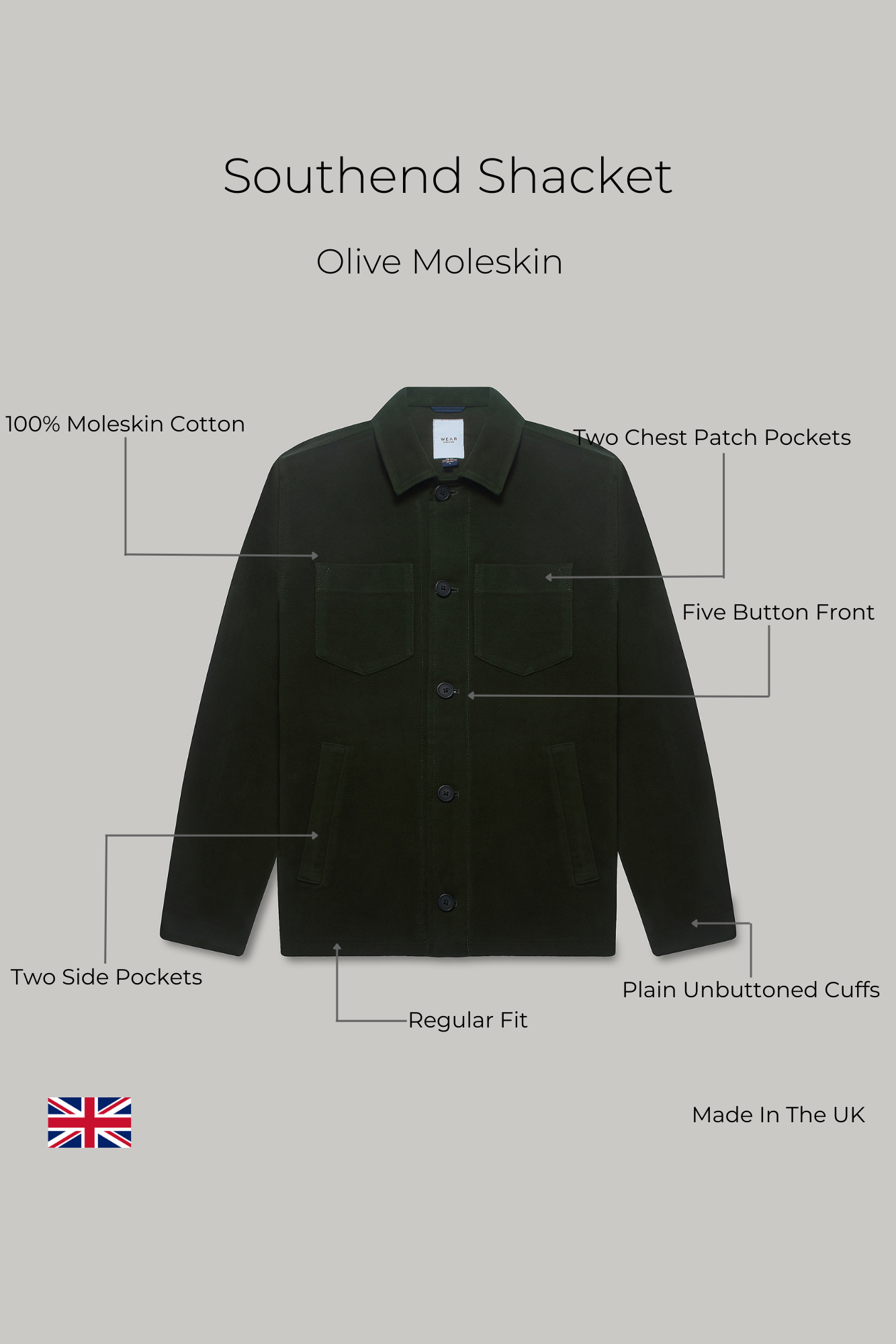 Southend Shacket Unlined - Olive Moleskin - Wear London