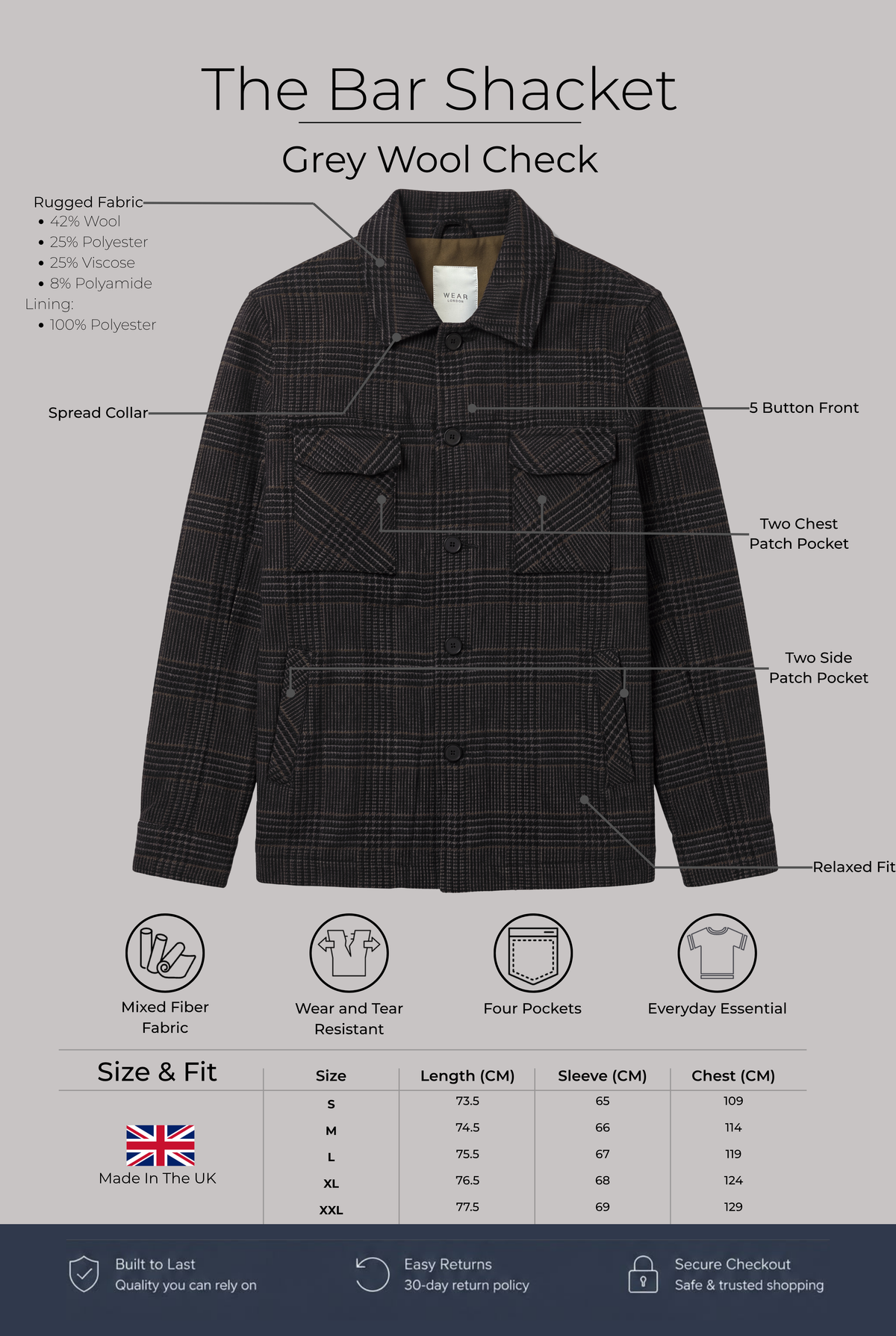 The Bar Shacket - Grey Wool Check - Wear London