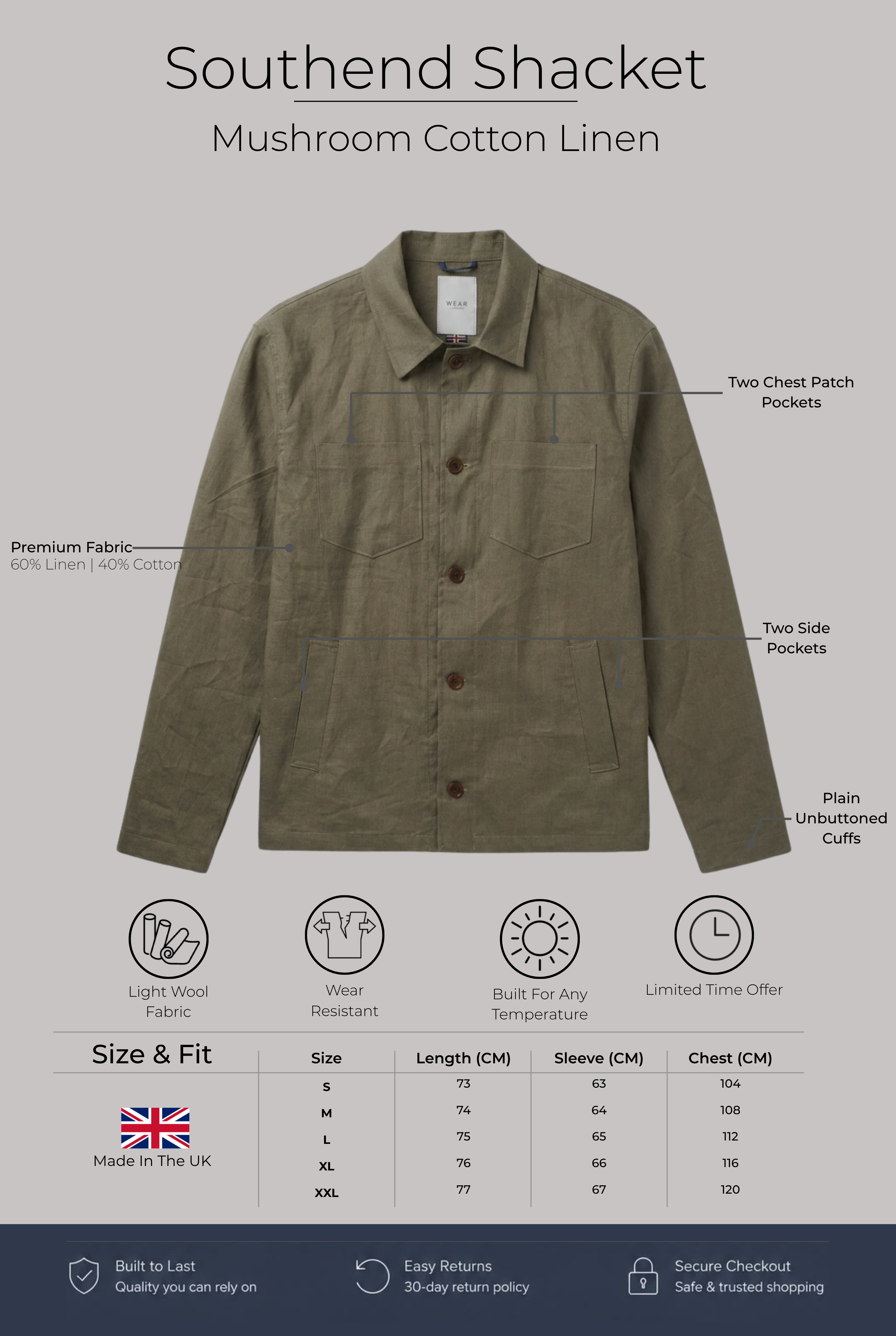 Southend Shacket - Mushroom Cotton Linen - Wear London