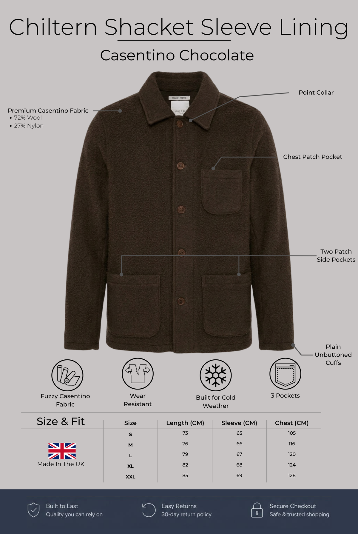 Chiltern Shacket Sleeve Lining - Casentino Chocolate - Wear London