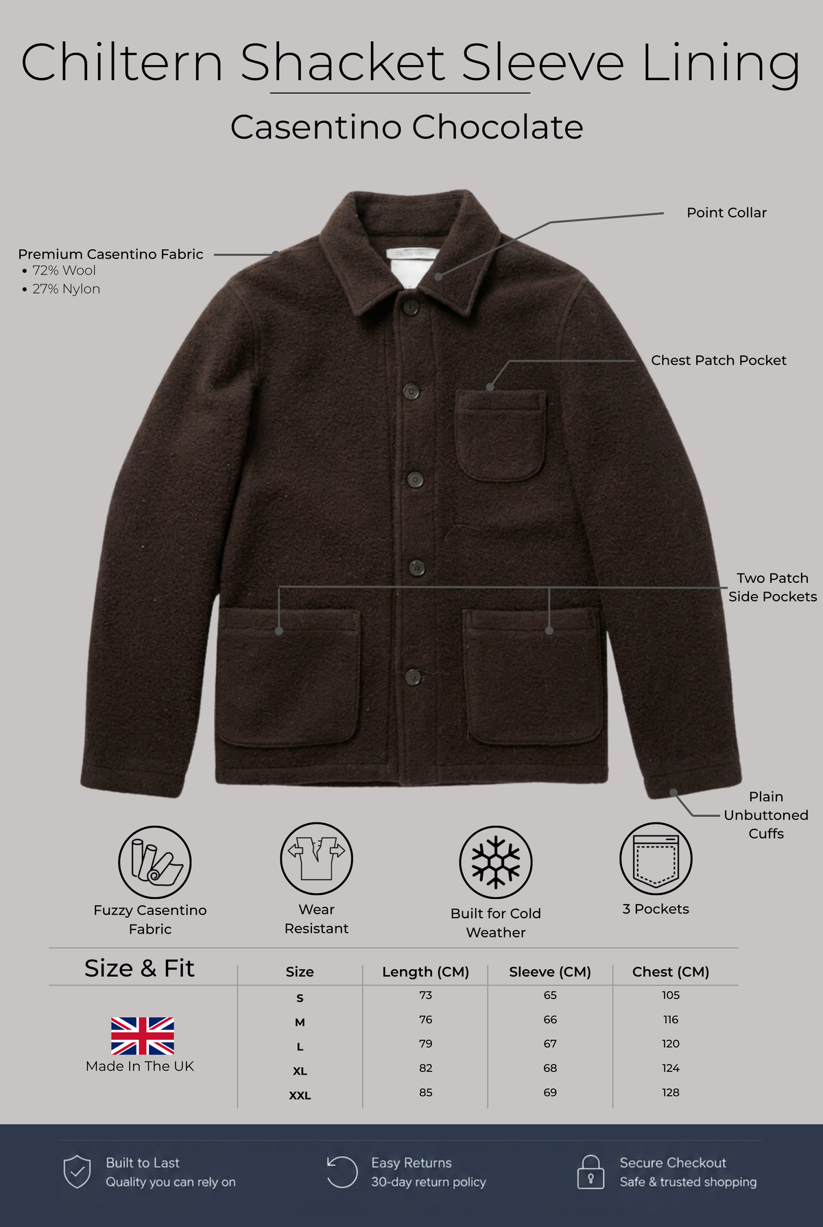 Chiltern Shacket Sleeve Lining - Casentino Chocolate - Wear London