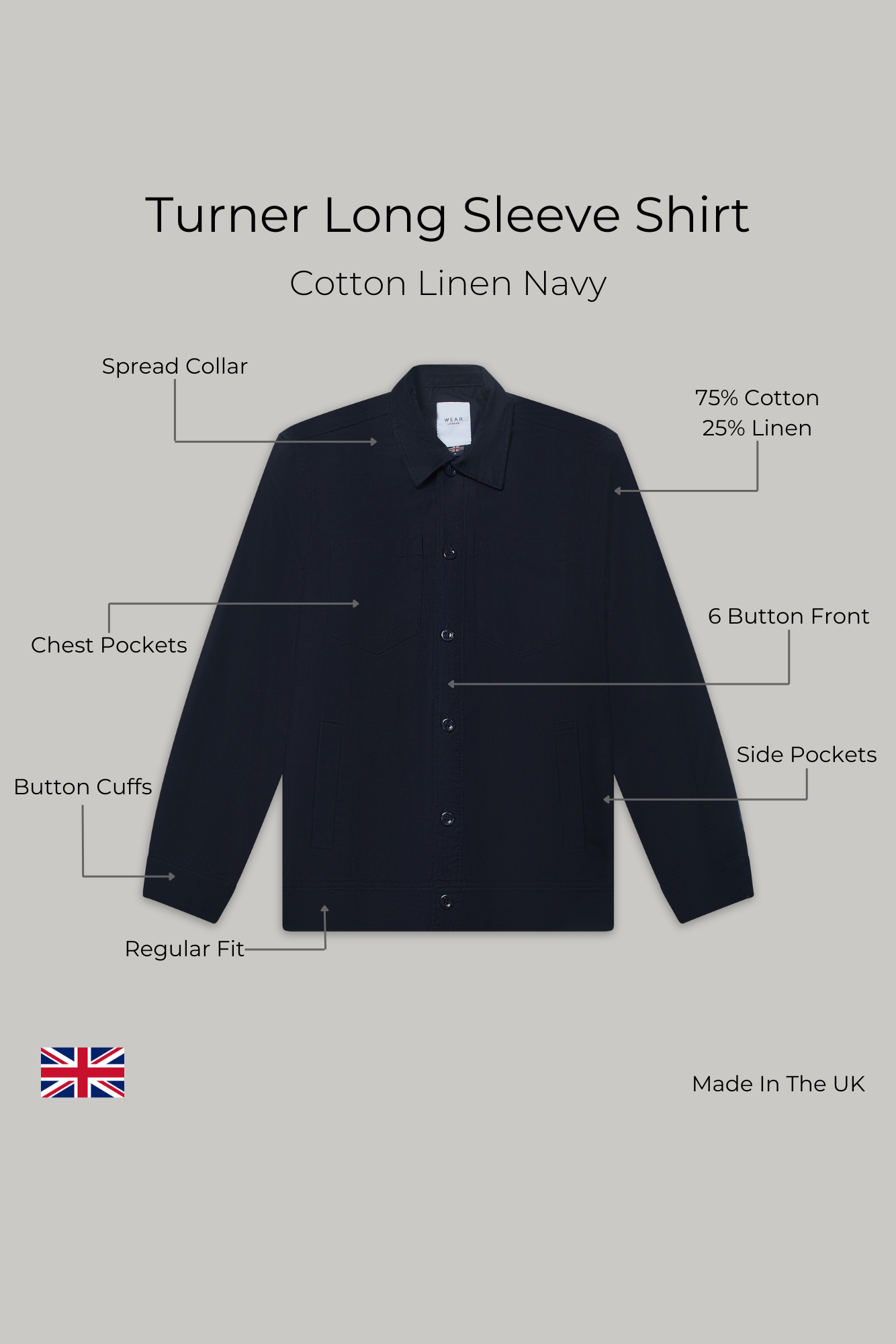Turner Long Sleeve Shirt - Cotton Linen Navy - Wear London