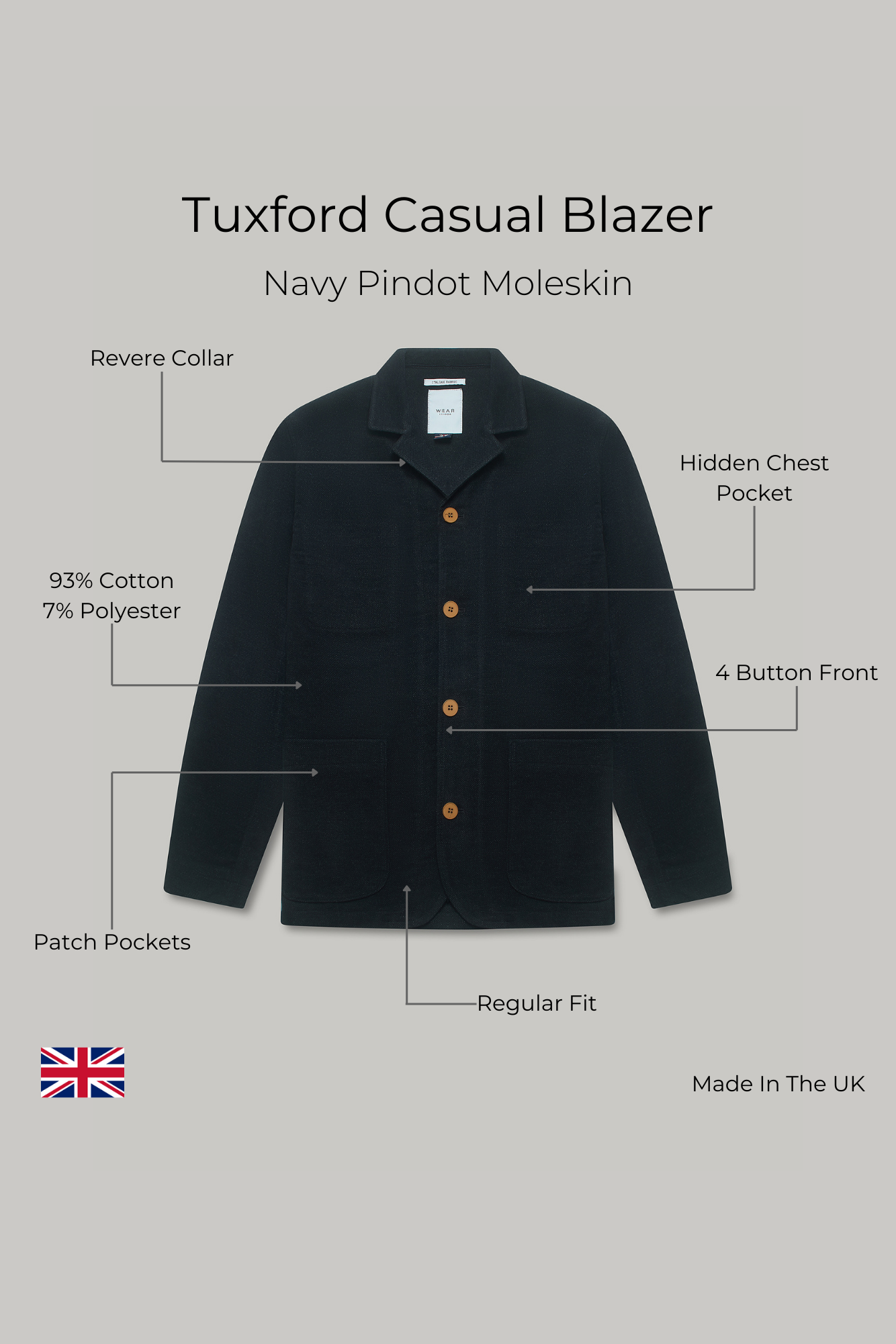 Tuxford Casual Blazer - Navy Pindot Moleskin - Wear London