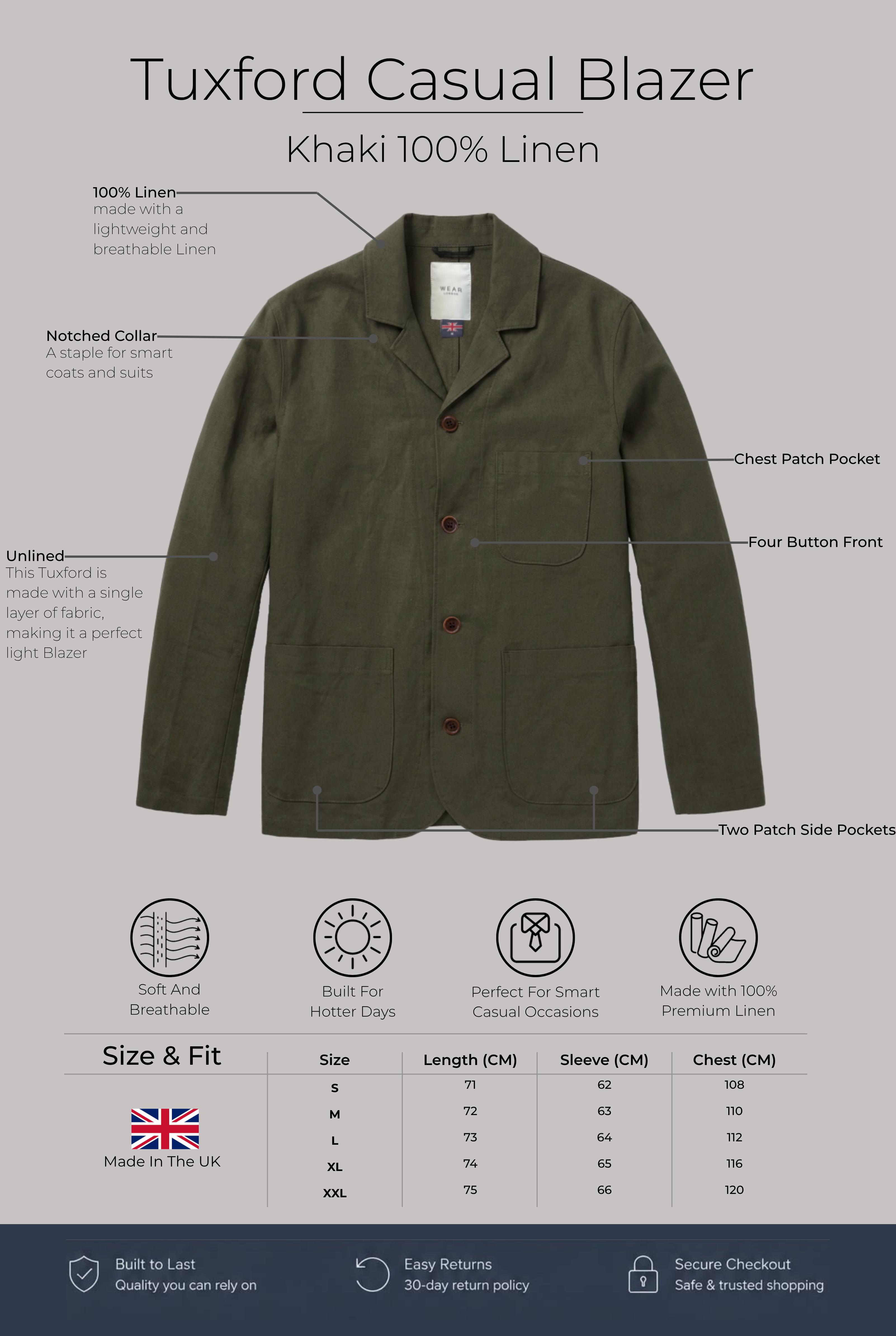 Tuxford Casual Blazer - Khaki 100% Linen - Wear London