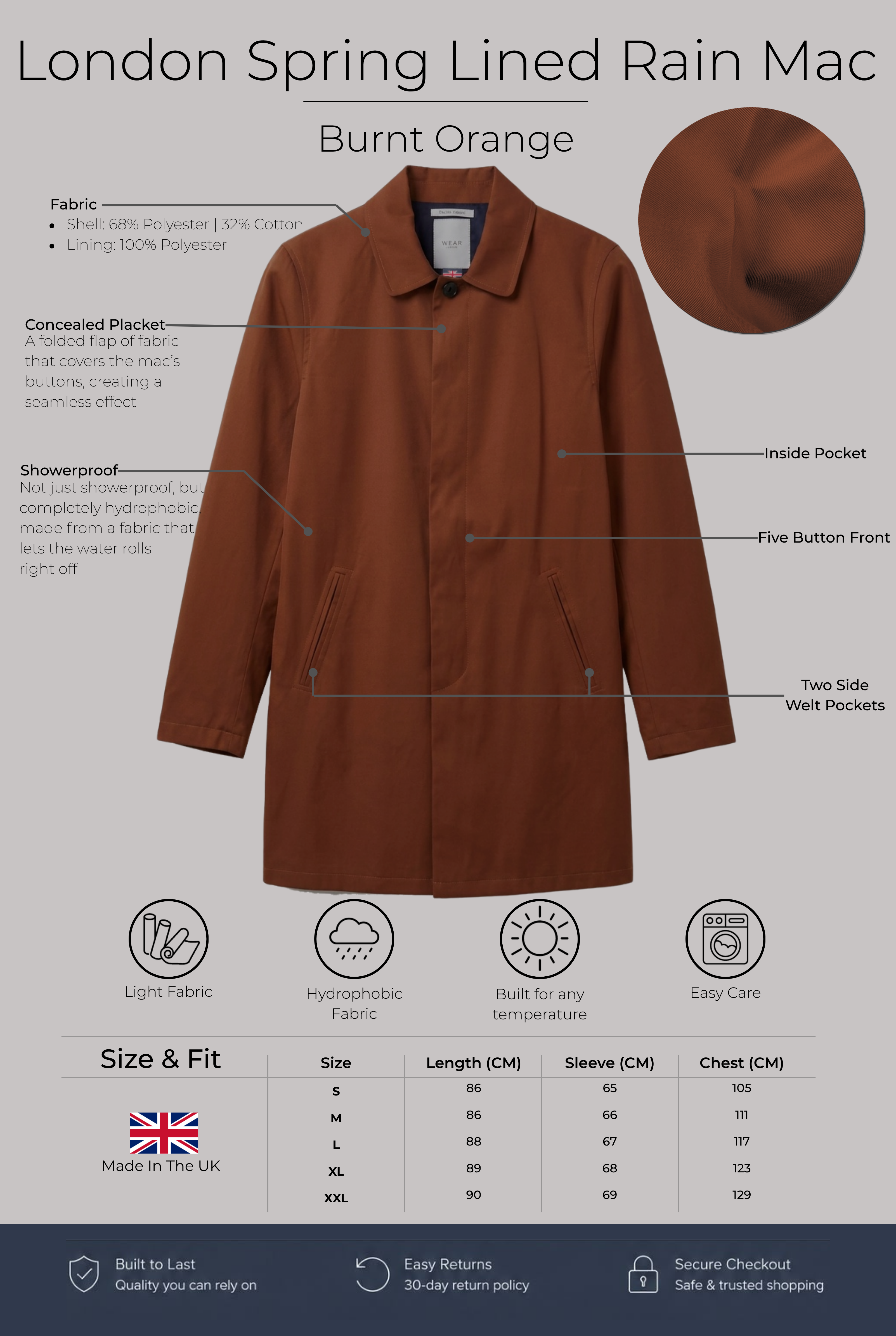 London Lined Rain Mac - Burnt Orange - Wear London