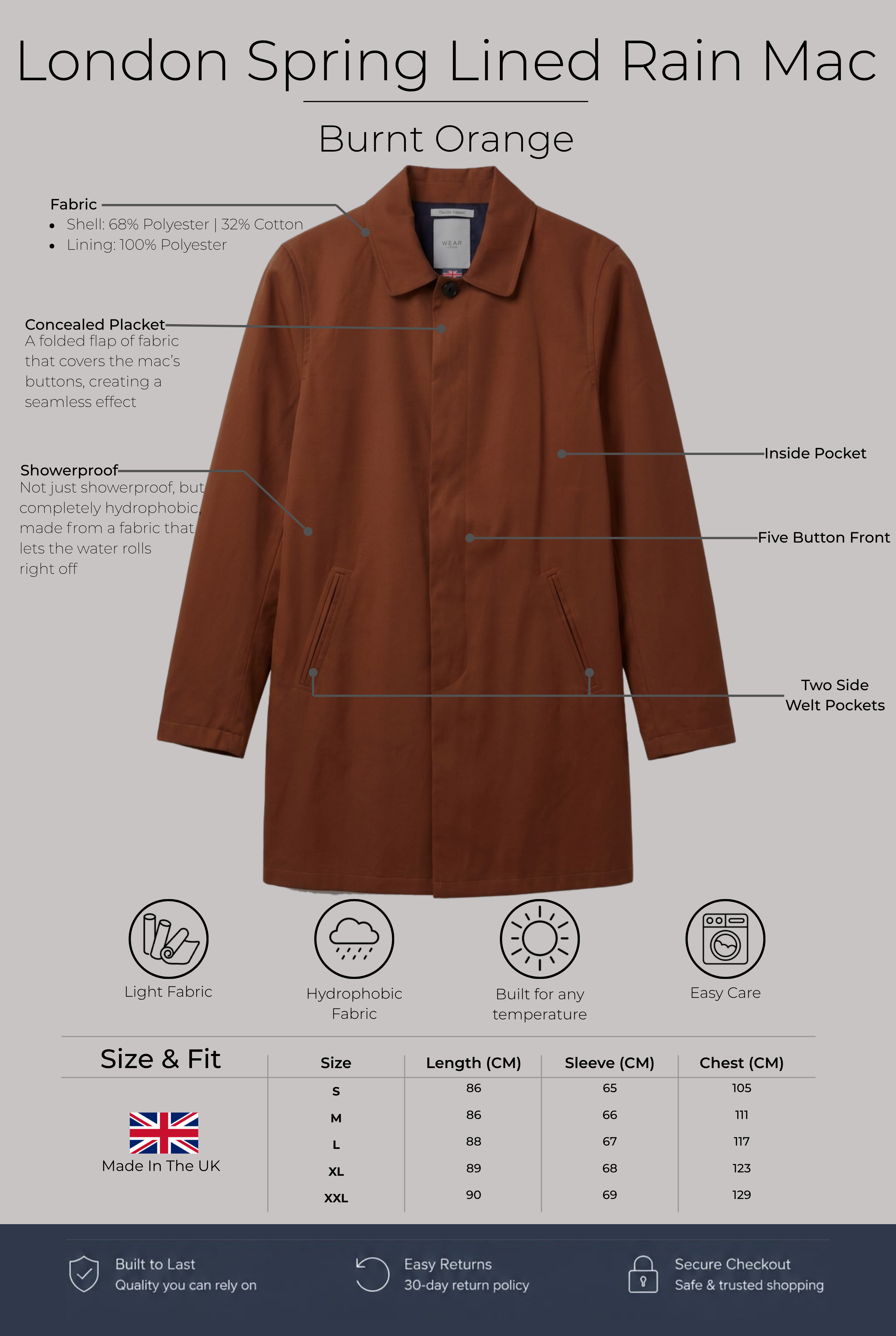 London Lined Rain Mac - Burnt Orange - Wear London