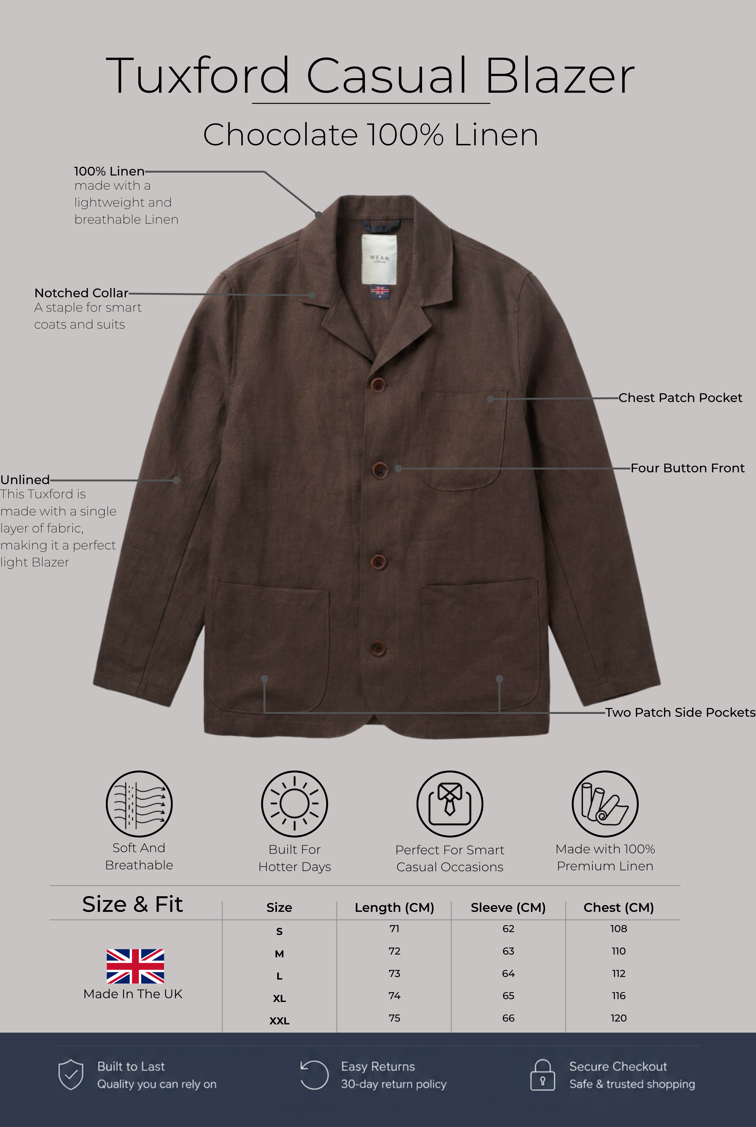 Tuxford Casual Blazer - Chocolate 100% Linen - Wear London