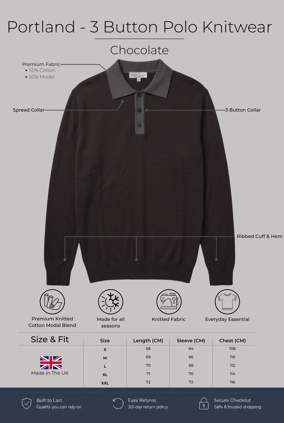 Portland - 3 Button Polo Knitwear - Chocolate - Wear London