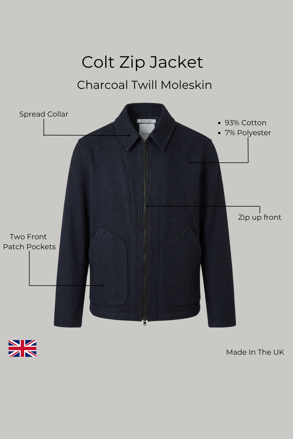 Colts Zip Shacket - Charcoal Twill Moleskin - Wear London