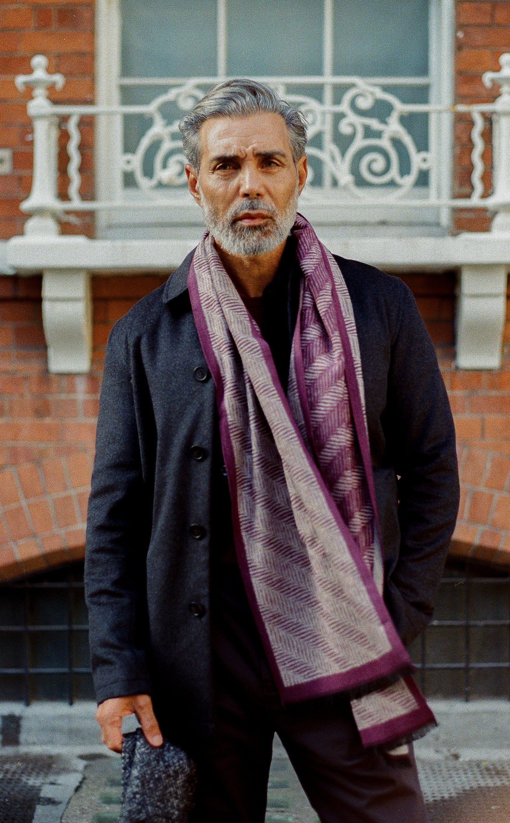 Scarf - H/bone Plain Border Burgundy - Wear London
