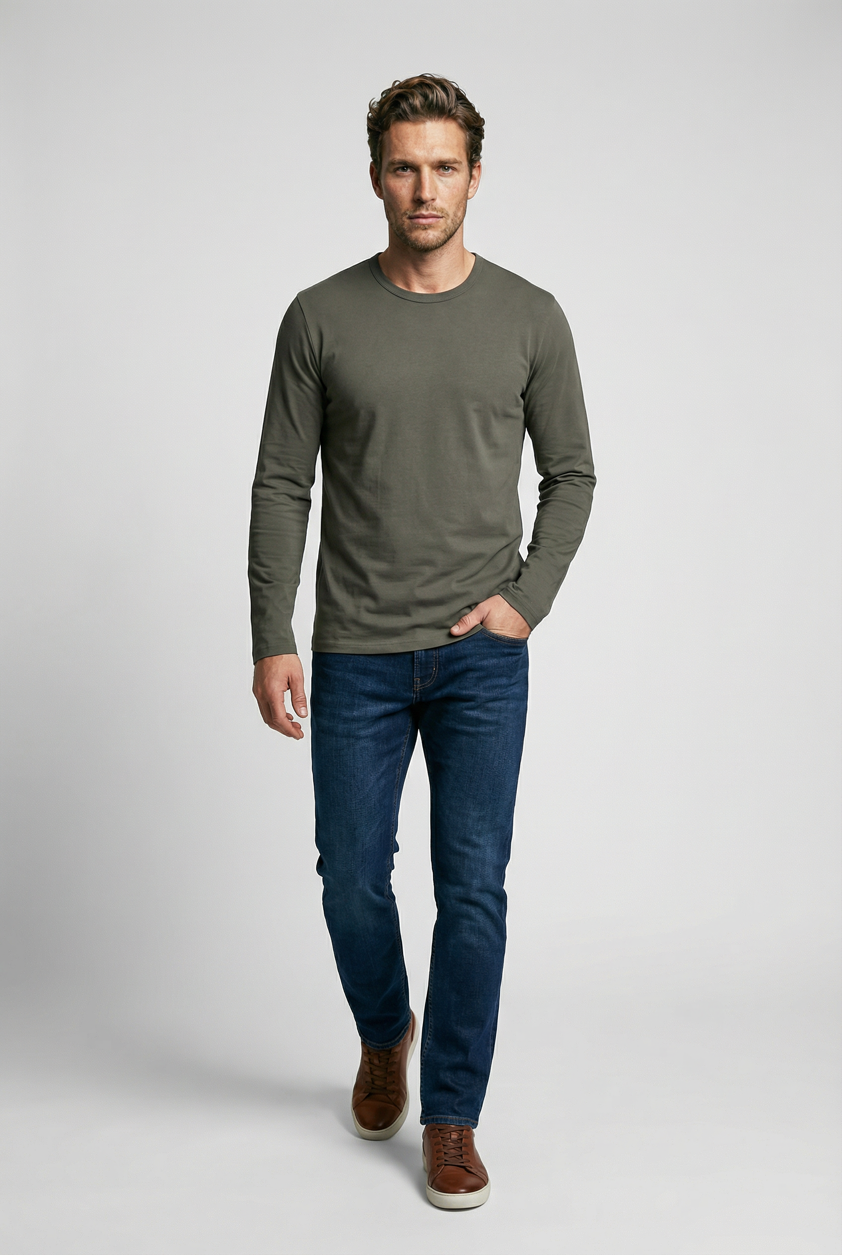 Bevis Long Sleeve Cotton T-shirt - Olive - Wear London