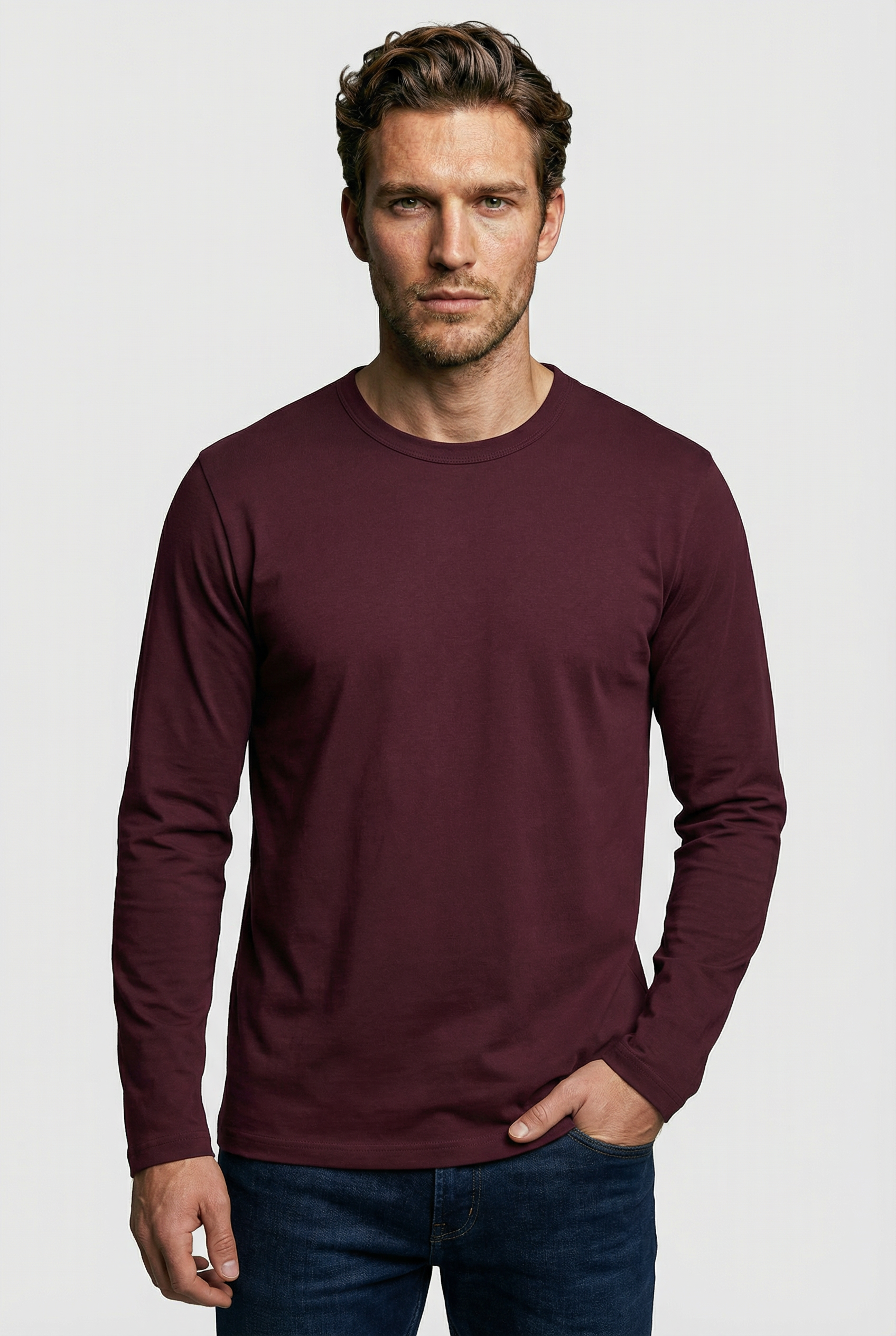 Bevis Long Sleeve Cotton T-shirt - Burgundy - Wear London