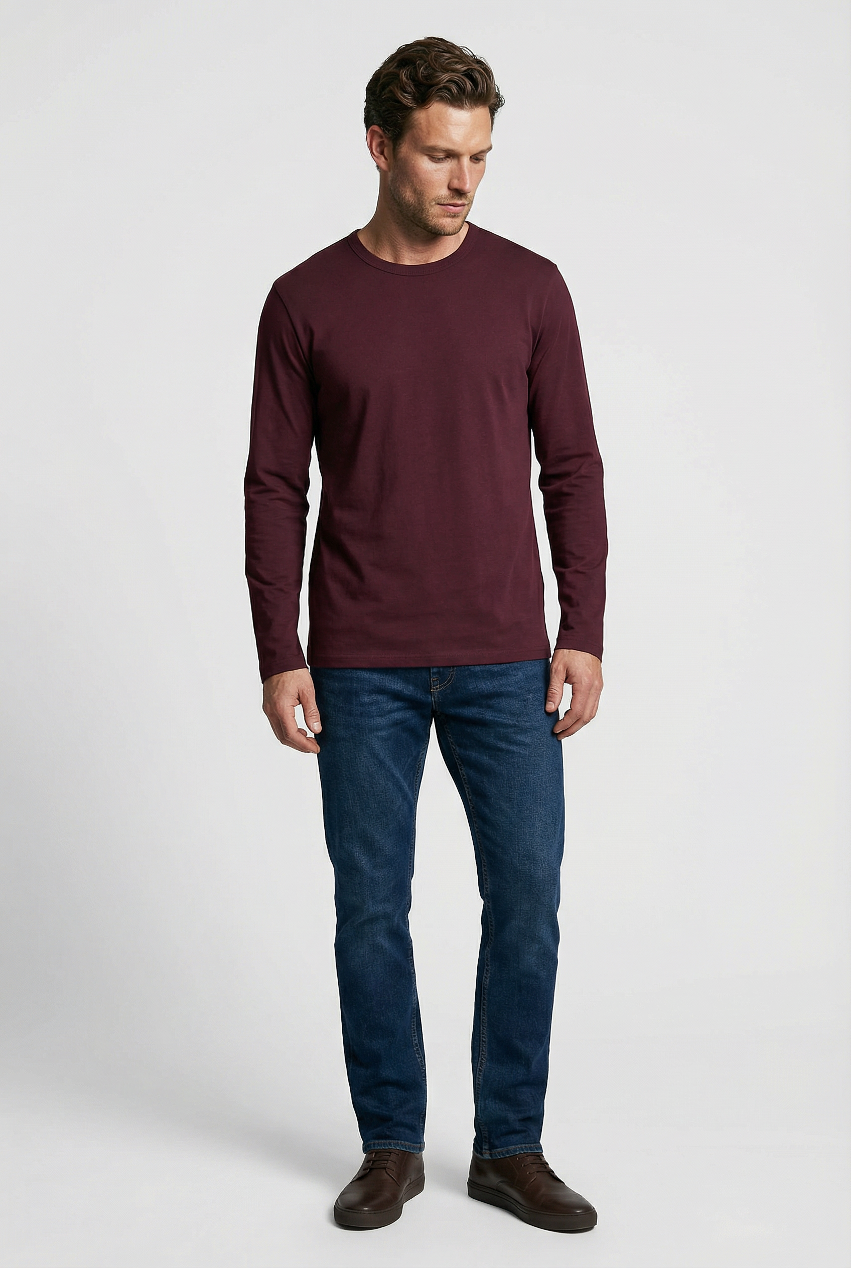 Bevis Long Sleeve Cotton T-shirt - Burgundy - Wear London
