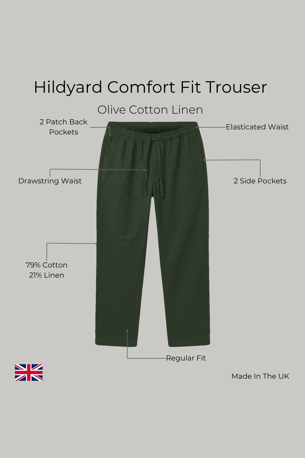 Hildyard Comfort Fit Trouser – Olive Cotton Linen - Wear London