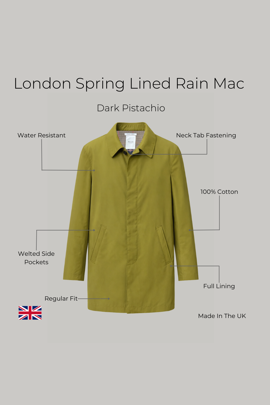 London Spring Lined  Rain Mac - Dark Pistachio - Wear London