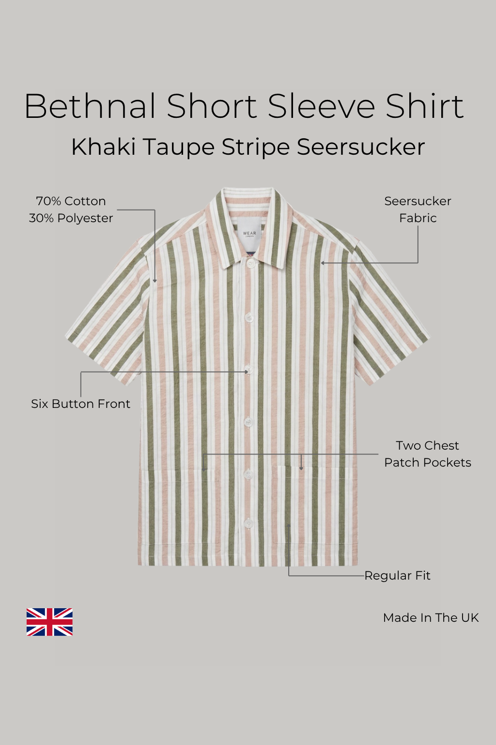Bethnal Short Sleeve Shirt - Khaki Taupe Stripe Seersucker - Wear London