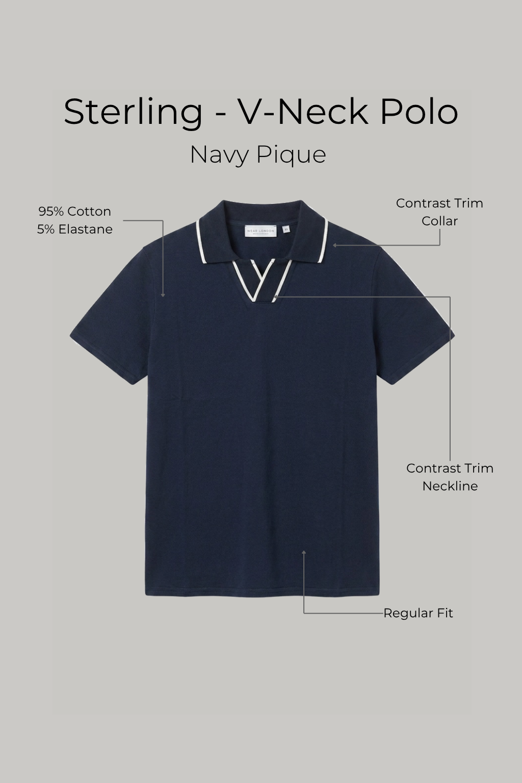Sterling - V Neck Polo - Navy Pique - Wear London