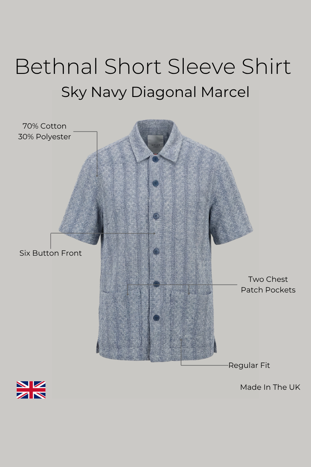 Bethnal Short Sleeve Shirt - Sky Navy Diagonal Marcel - Wear London