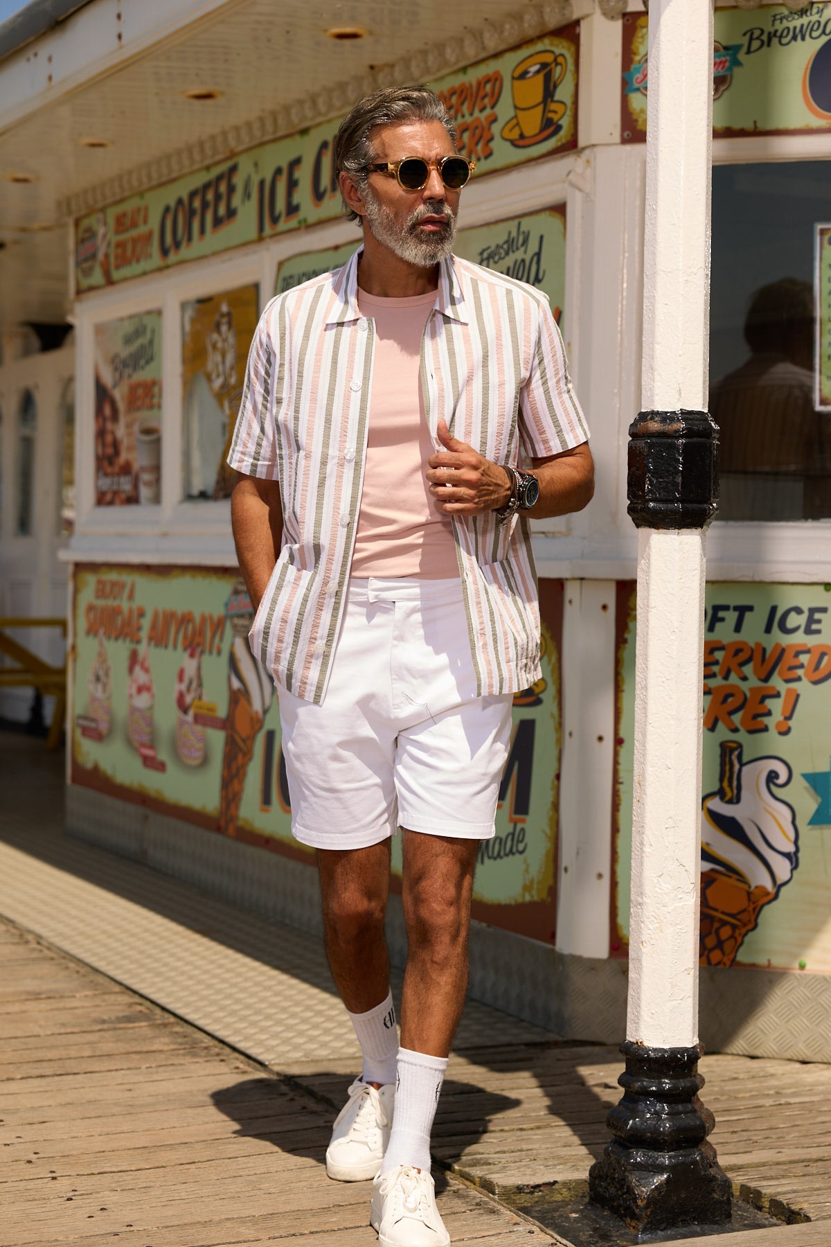 Bethnal Short Sleeve Shirt - Khaki Taupe Stripe Seersucker - Wear London
