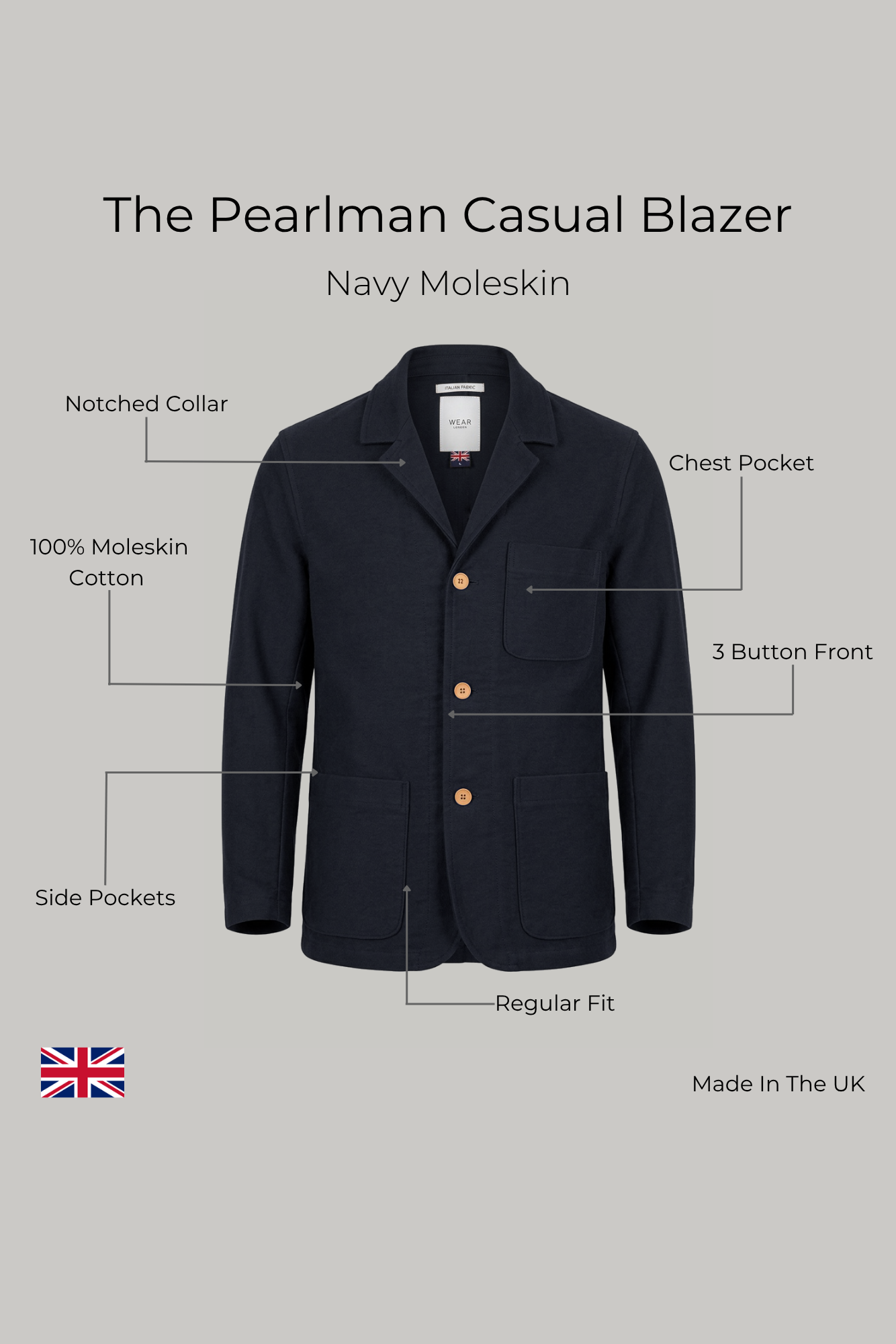 The Pearlman Casual Blazer - Navy Moleskin - Wear London