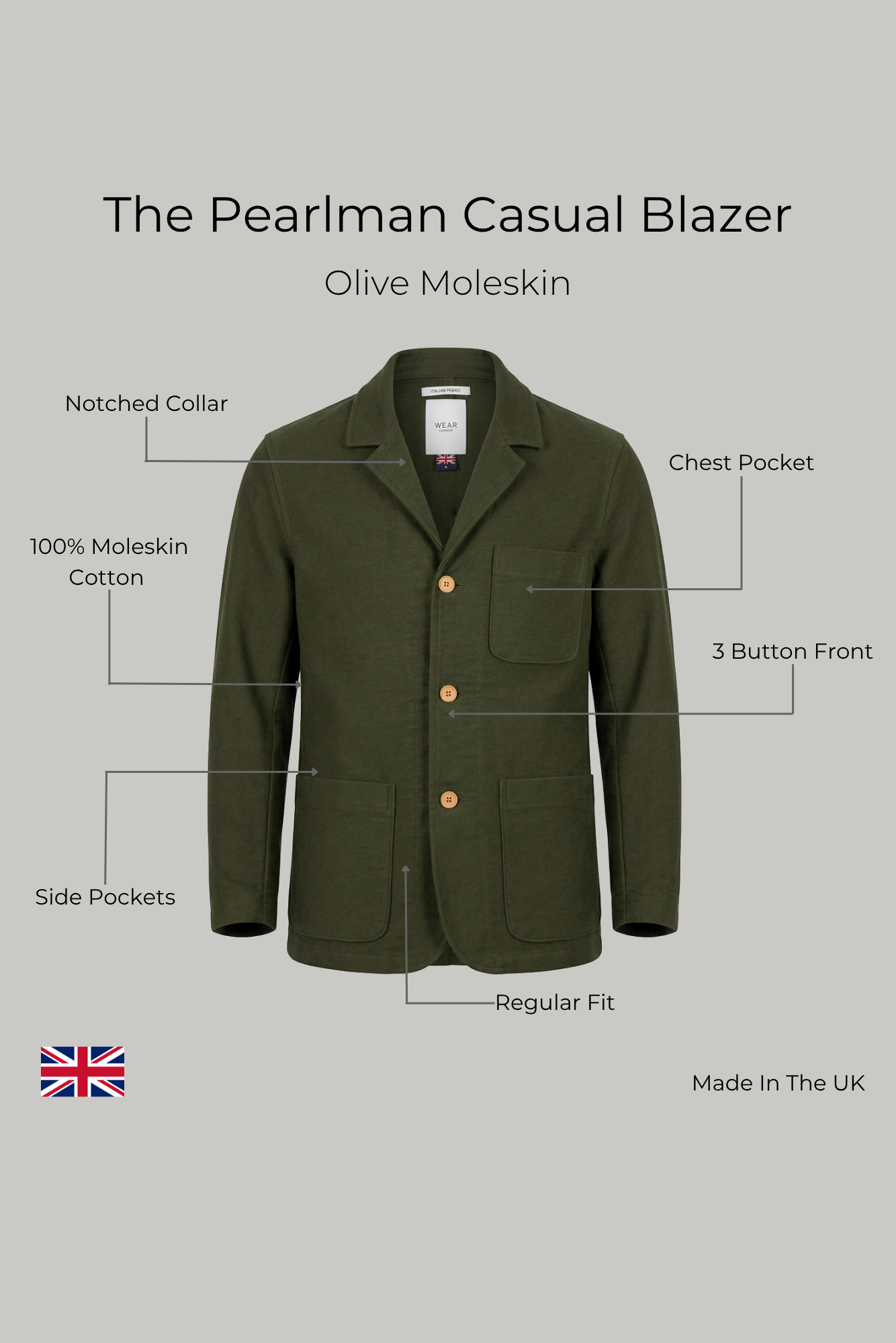 The Pearlman Casual Blazer - Olive Moleskin - Wear London