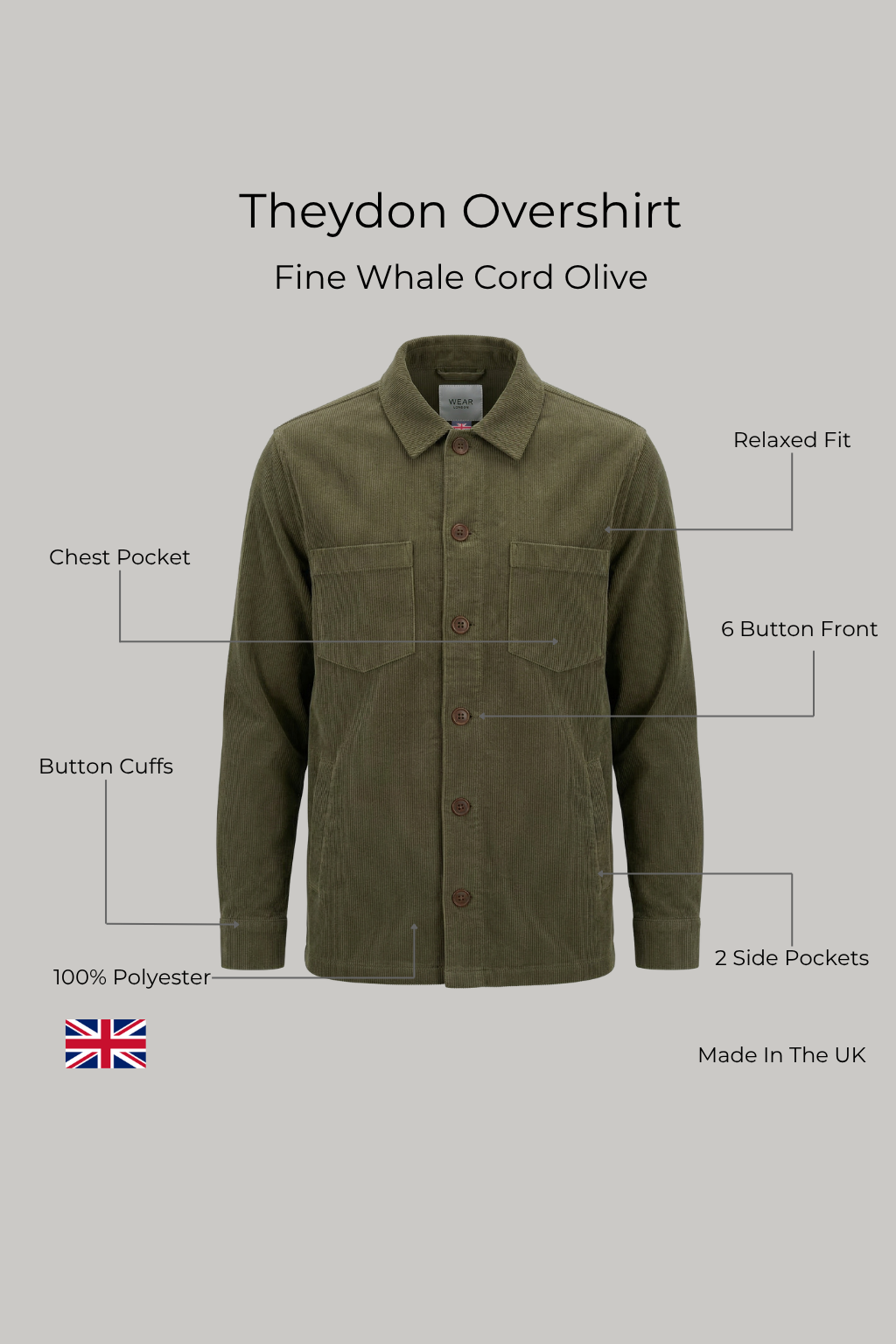 Theydon Overshirt - Fine Whale Cord Olive - Wear London