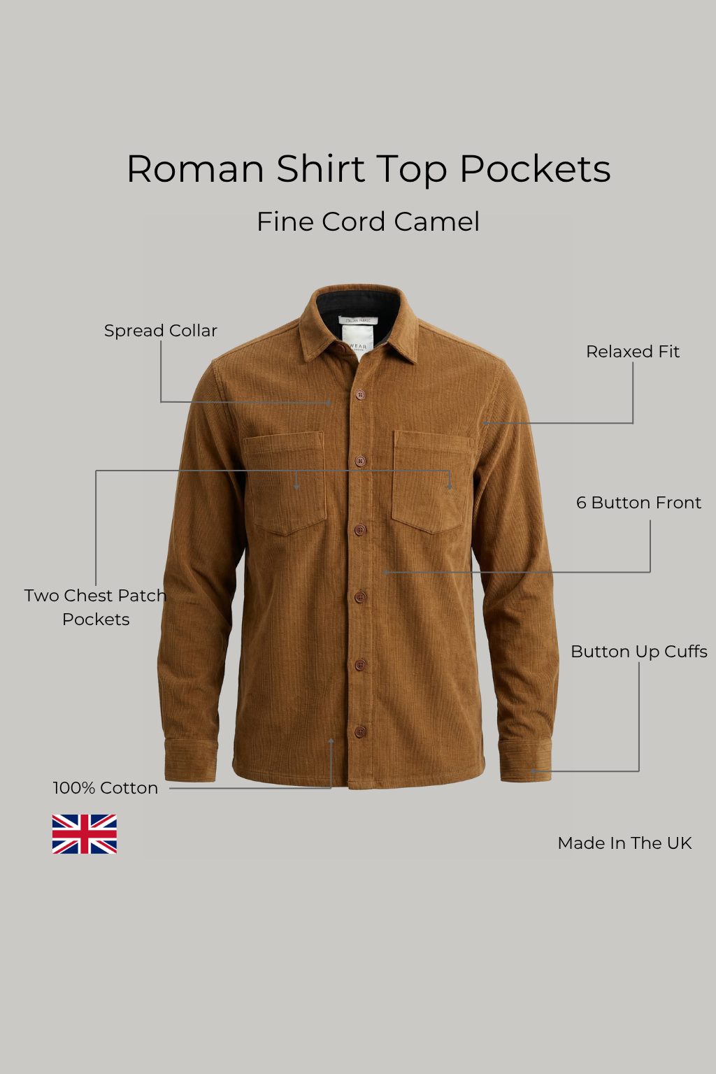 Roman Shirt Top Pockets - Fine Cord Camel - Wear London
