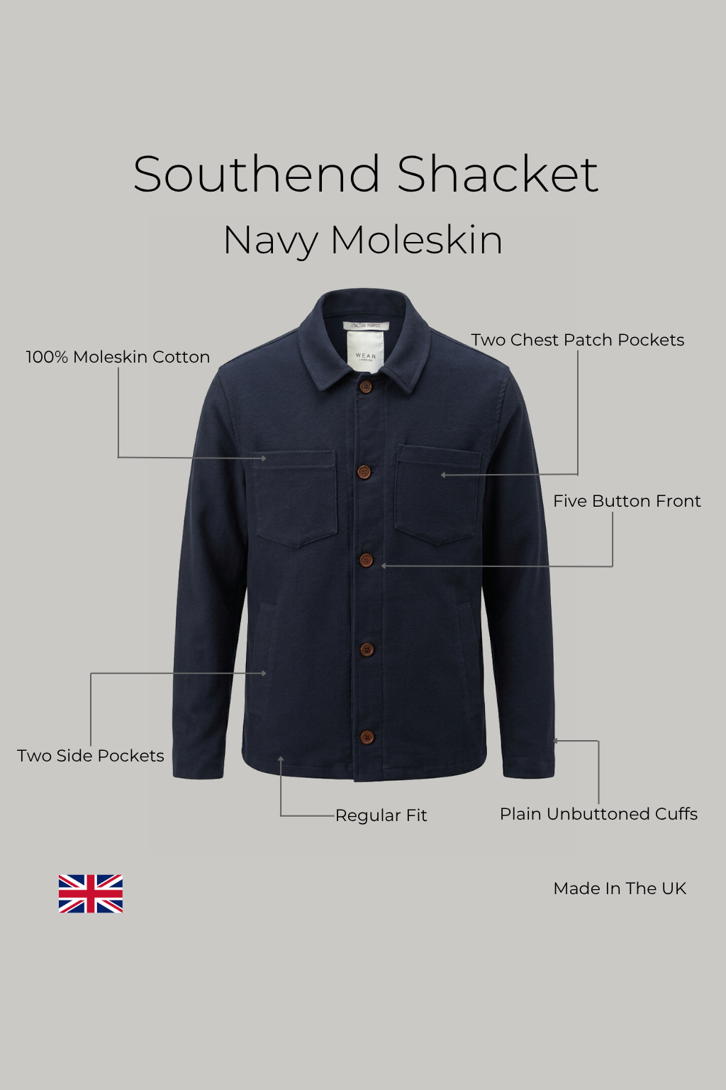 Southend Shacket Unlined - Navy Moleskin - Wear London