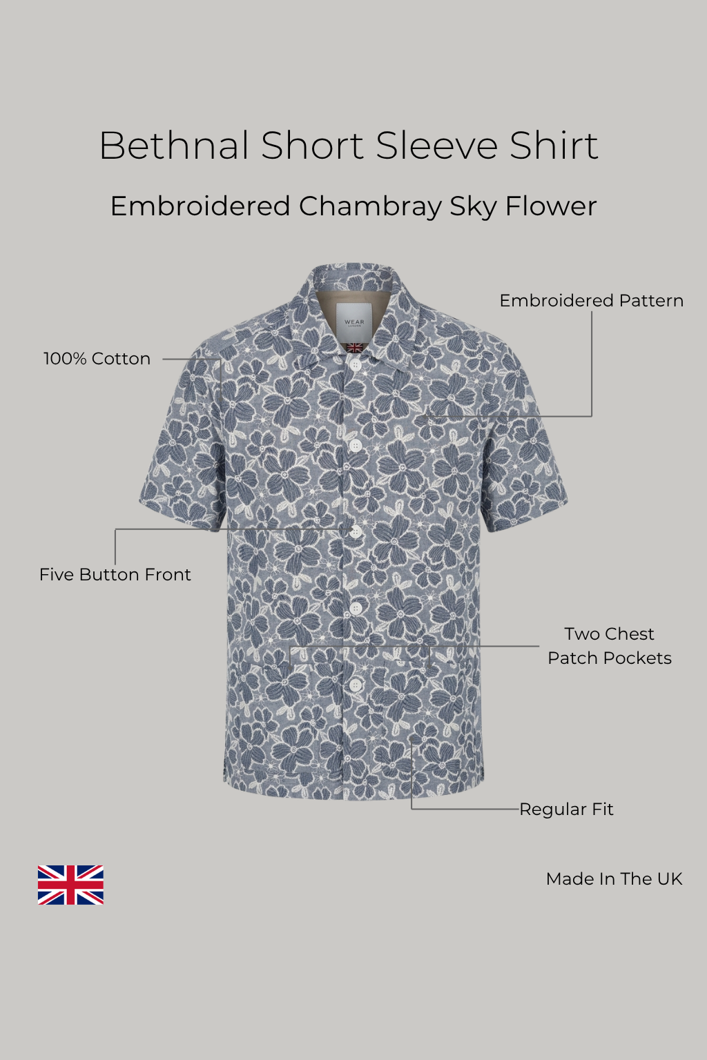 Bethnal Short Sleeve Shirt - Embroidered Chambray Sky Flower - Wear London