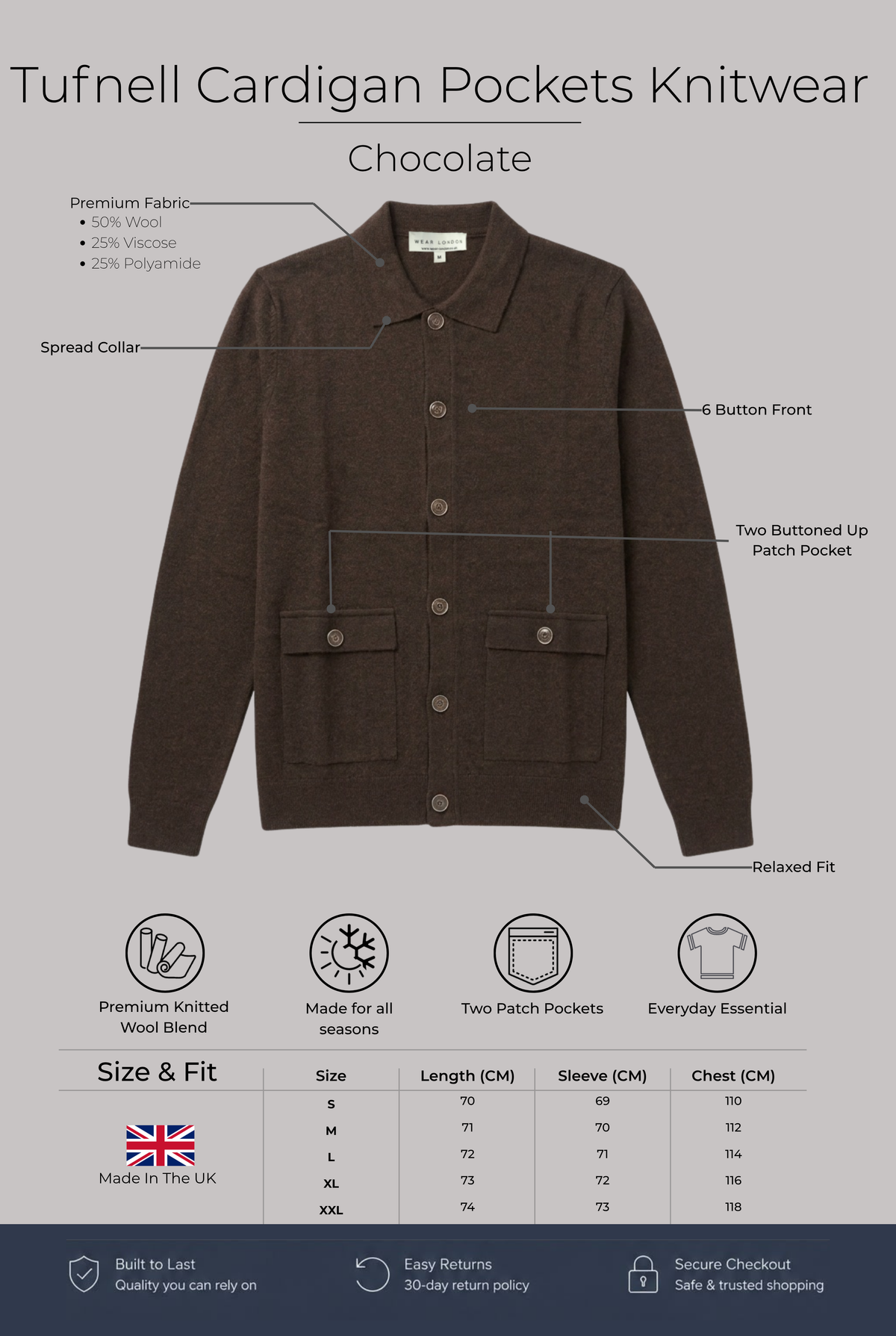 Tufnell- Cardigan Pockets Knitwear - Chocolate - Wear London