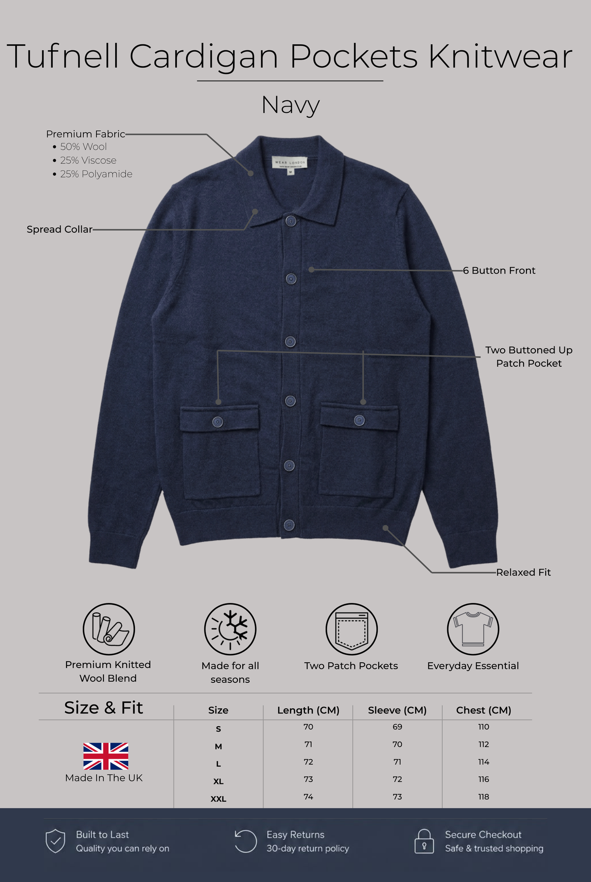 Tufnell- Cardigan Pockets Knitwear - Navy - Wear London