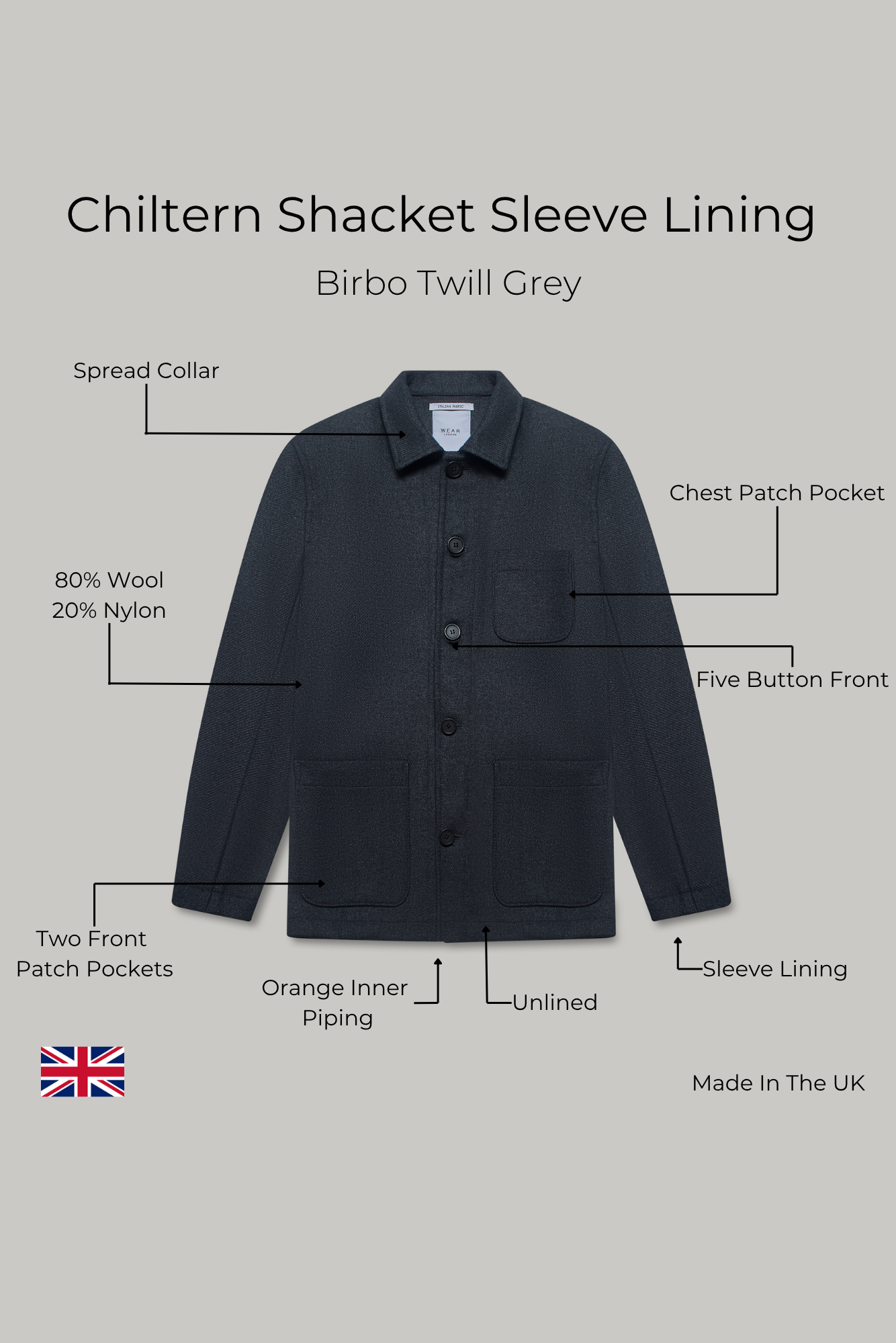 Chiltern Shacket Sleeve Lining - Birbo Twill Grey - Wear London