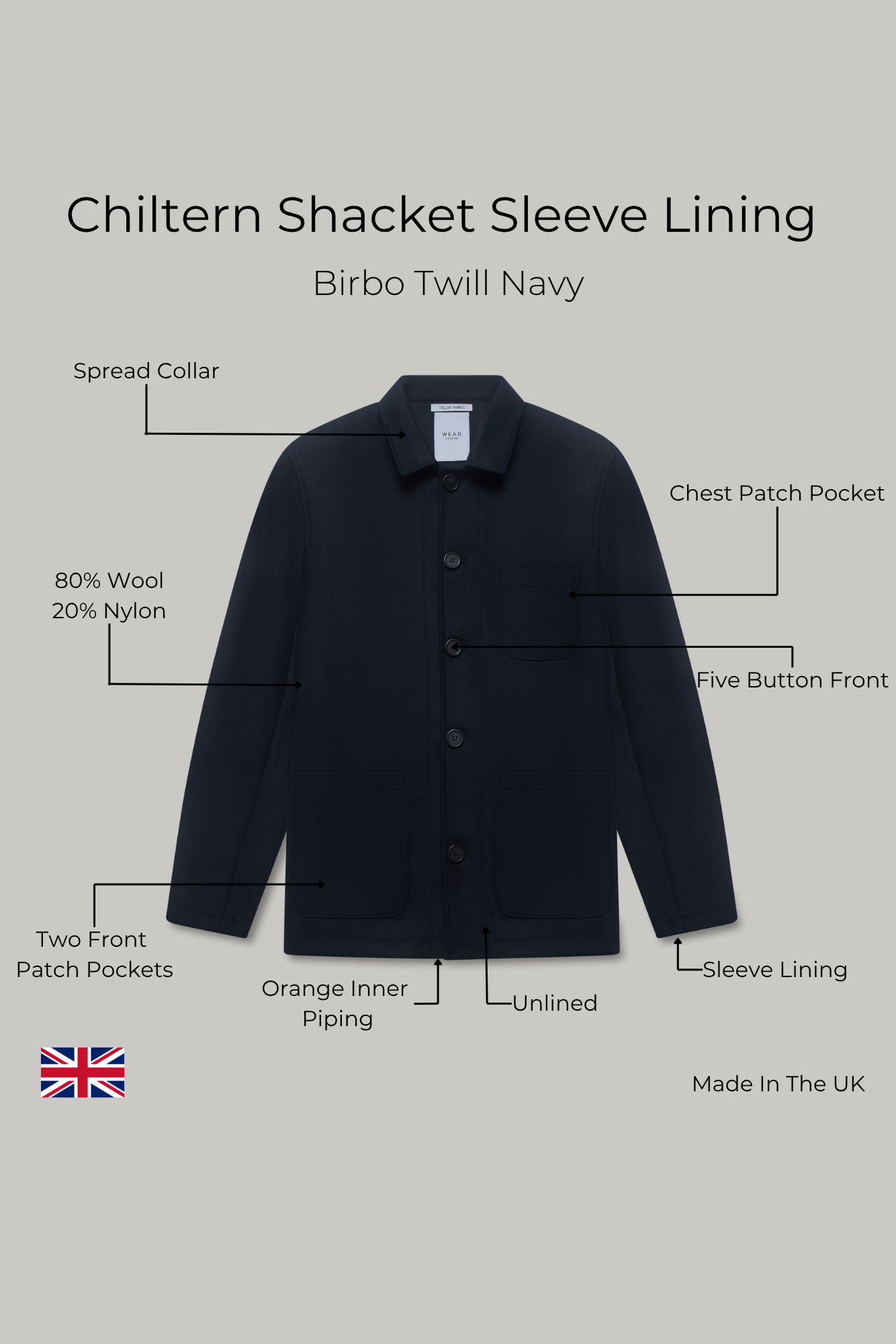 Chiltern Shacket Sleeve Lining - Birbo Twill Navy - Wear London