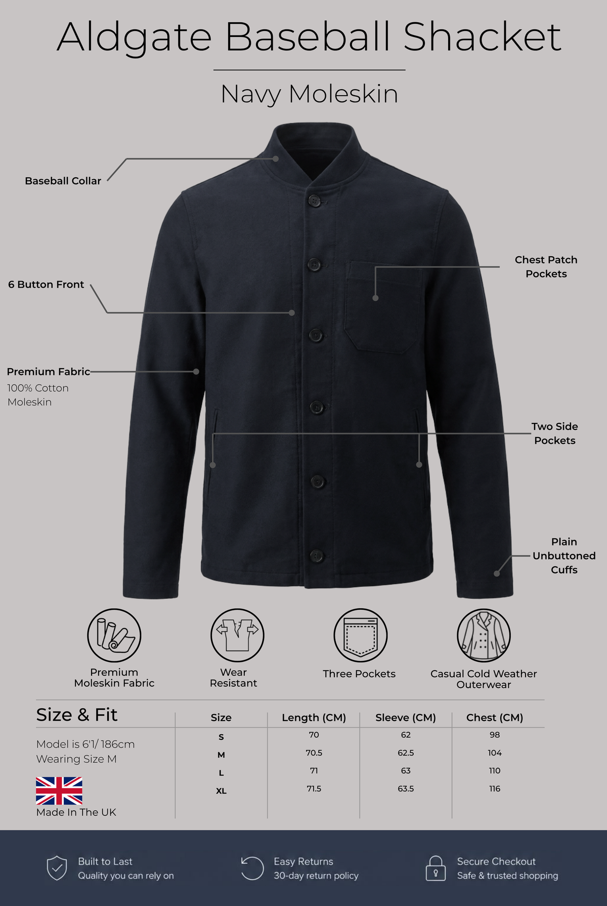 Aldgate Baseball Shacket - Navy Moleskin - Wear London